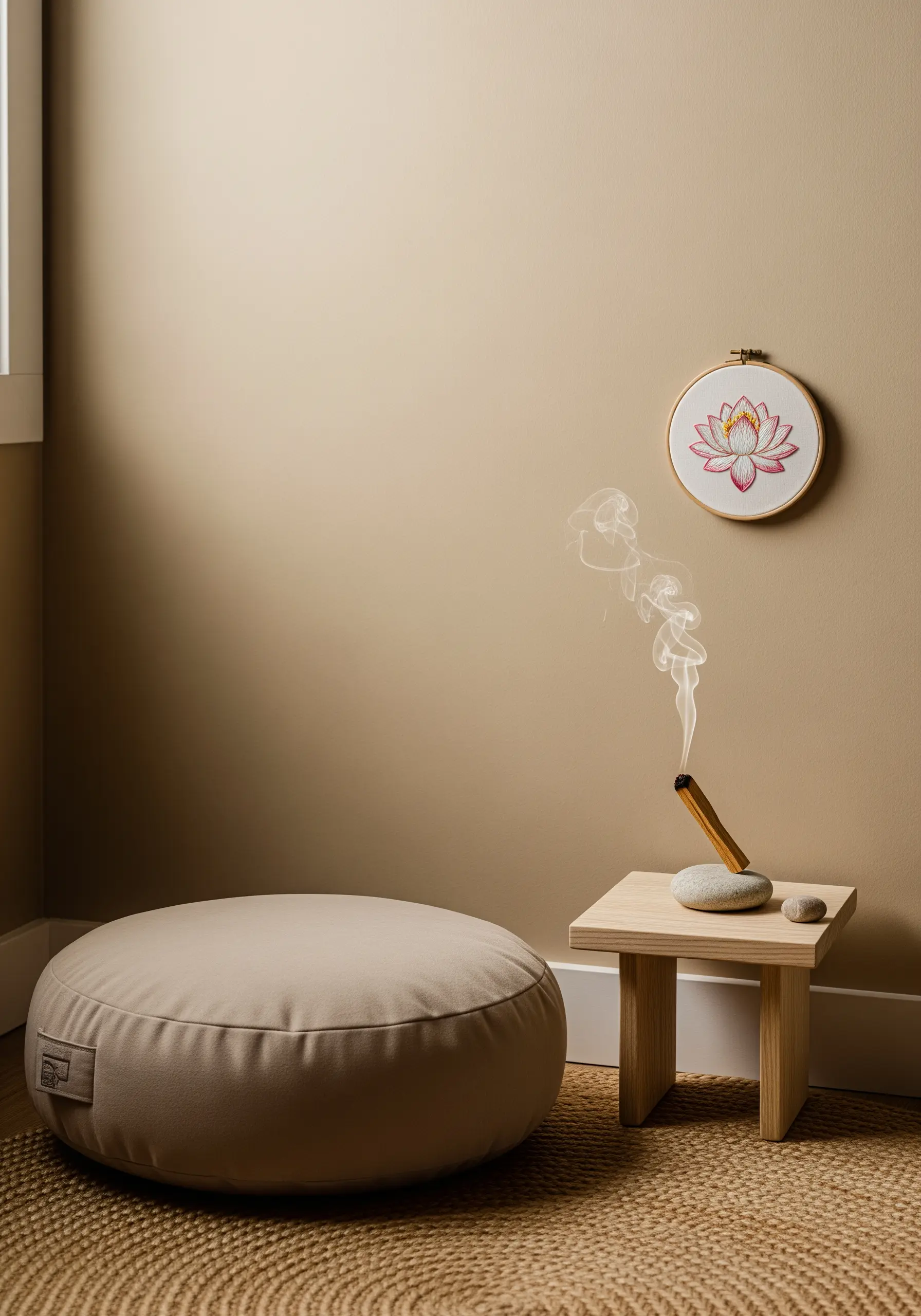 A single embroidery hoop of a lotus flower hanging in a calm meditation corner with a cushion.