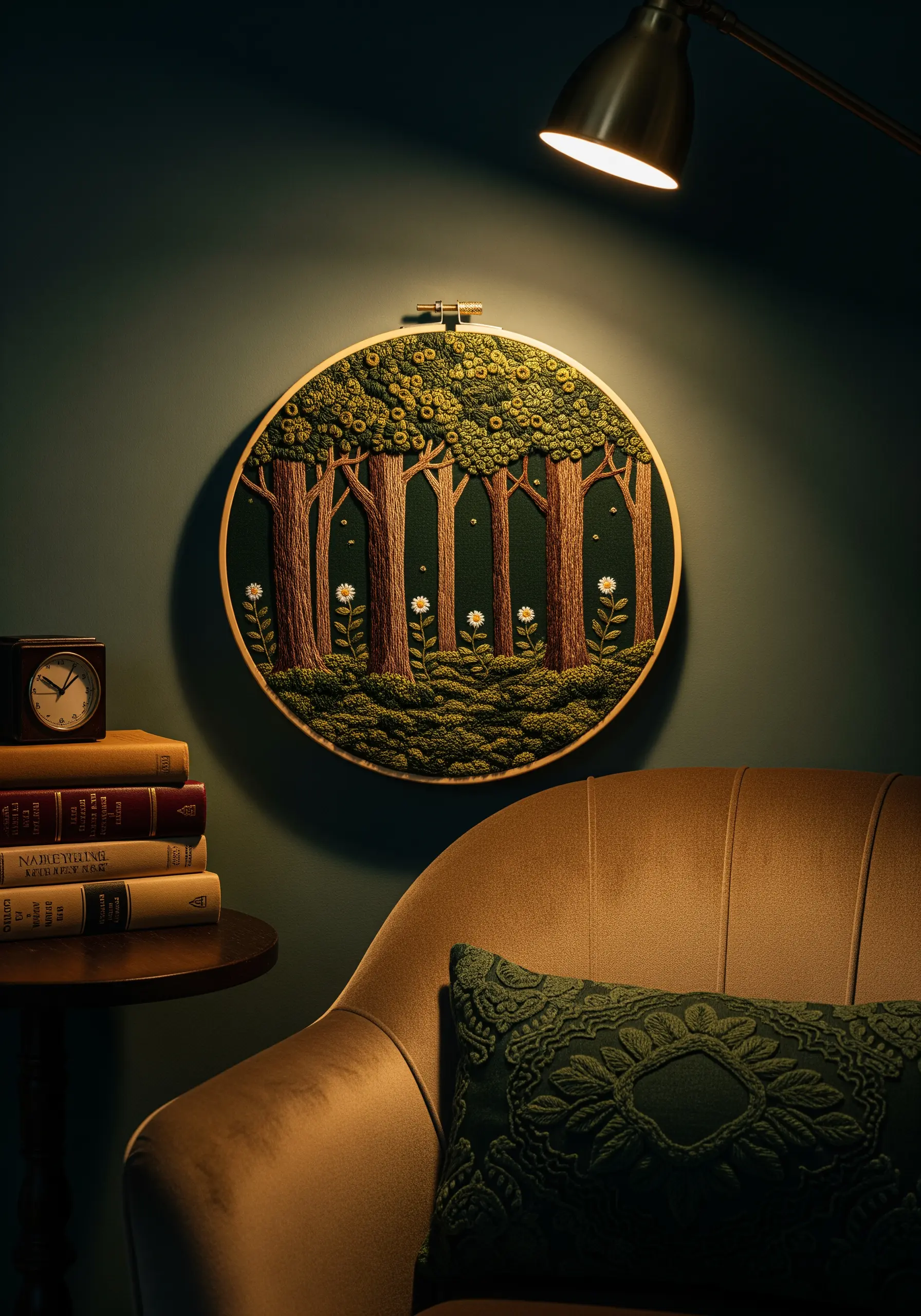 An embroidery hoop with a dense forest scene, featuring highly textured French knots for foliage.