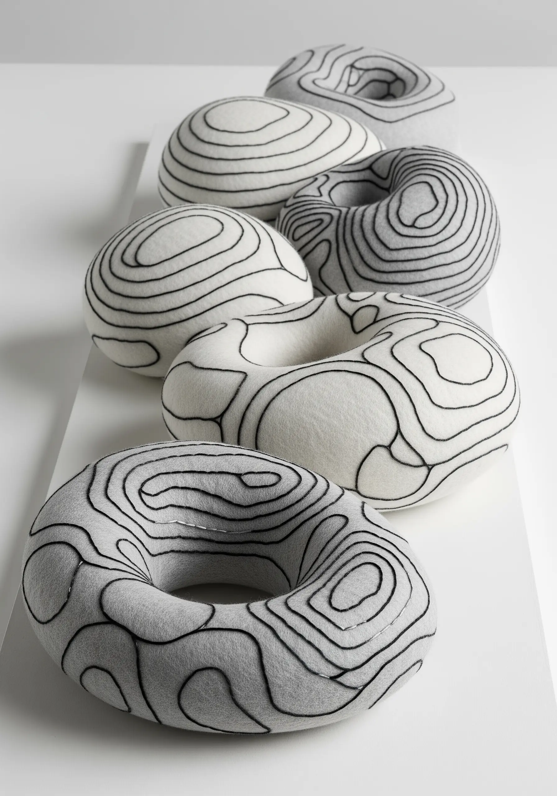 Soft, sculptural felt rings with black embroidery lines tracing their surfaces like contour maps.