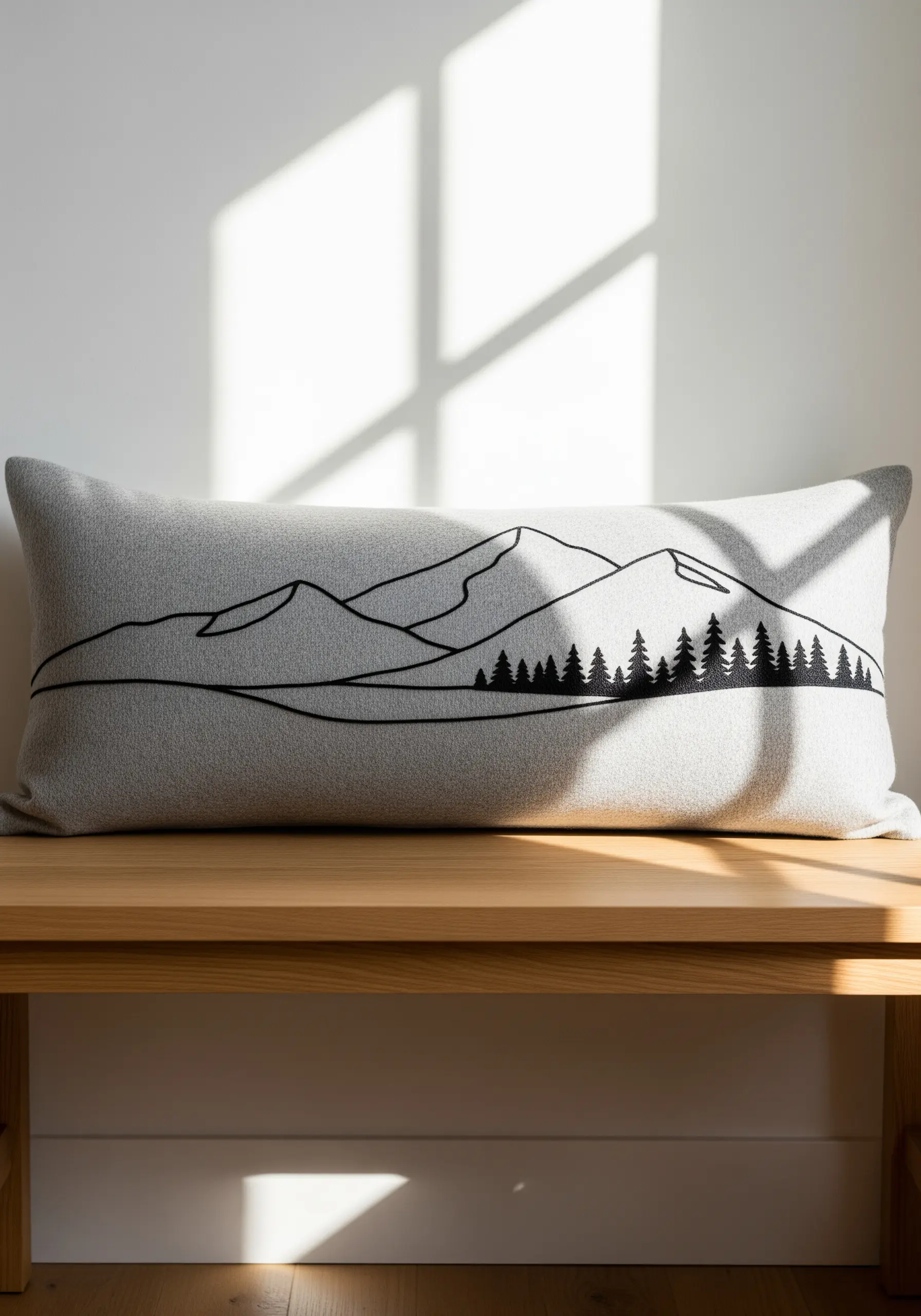 Minimalist line art of a mountain range and forest embroidered on a lumbar pillow.