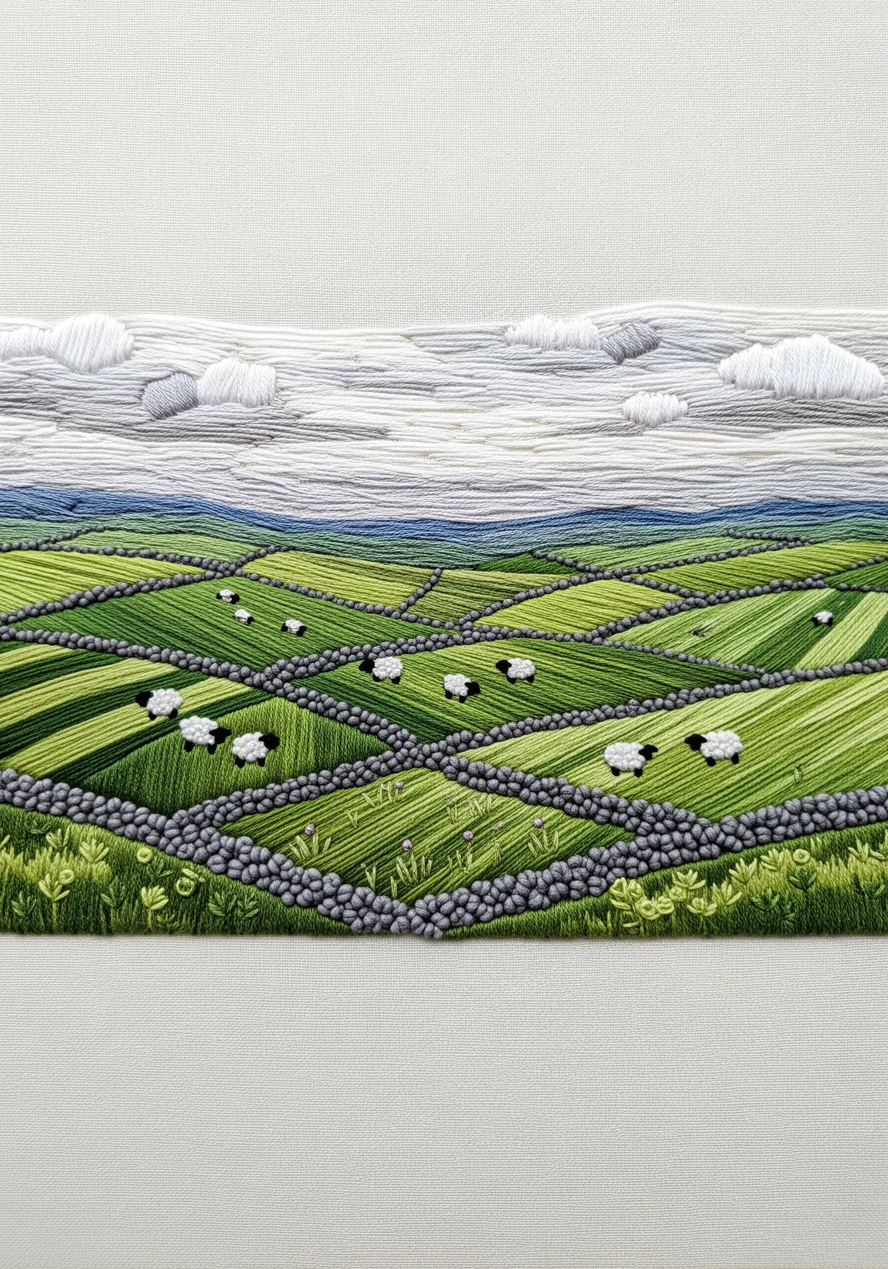 Embroidery of rolling green patchwork fields with stone walls and sheep.