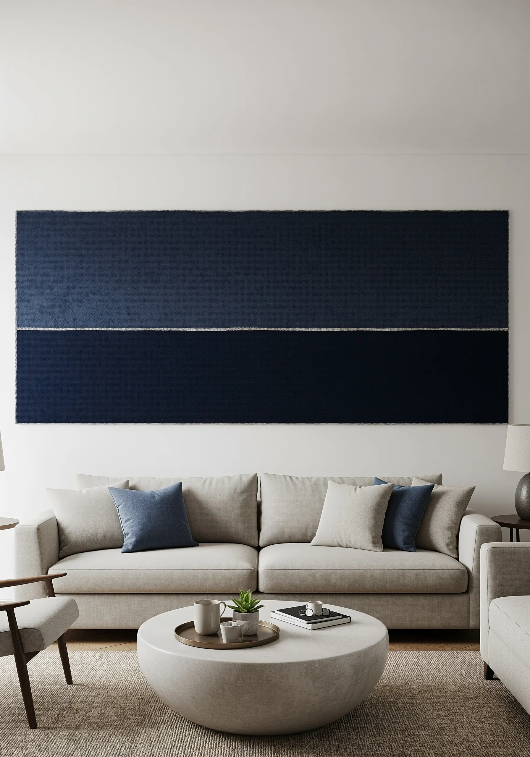 A large textile piece with two blocks of dark blue separated by a thin white horizontal line.