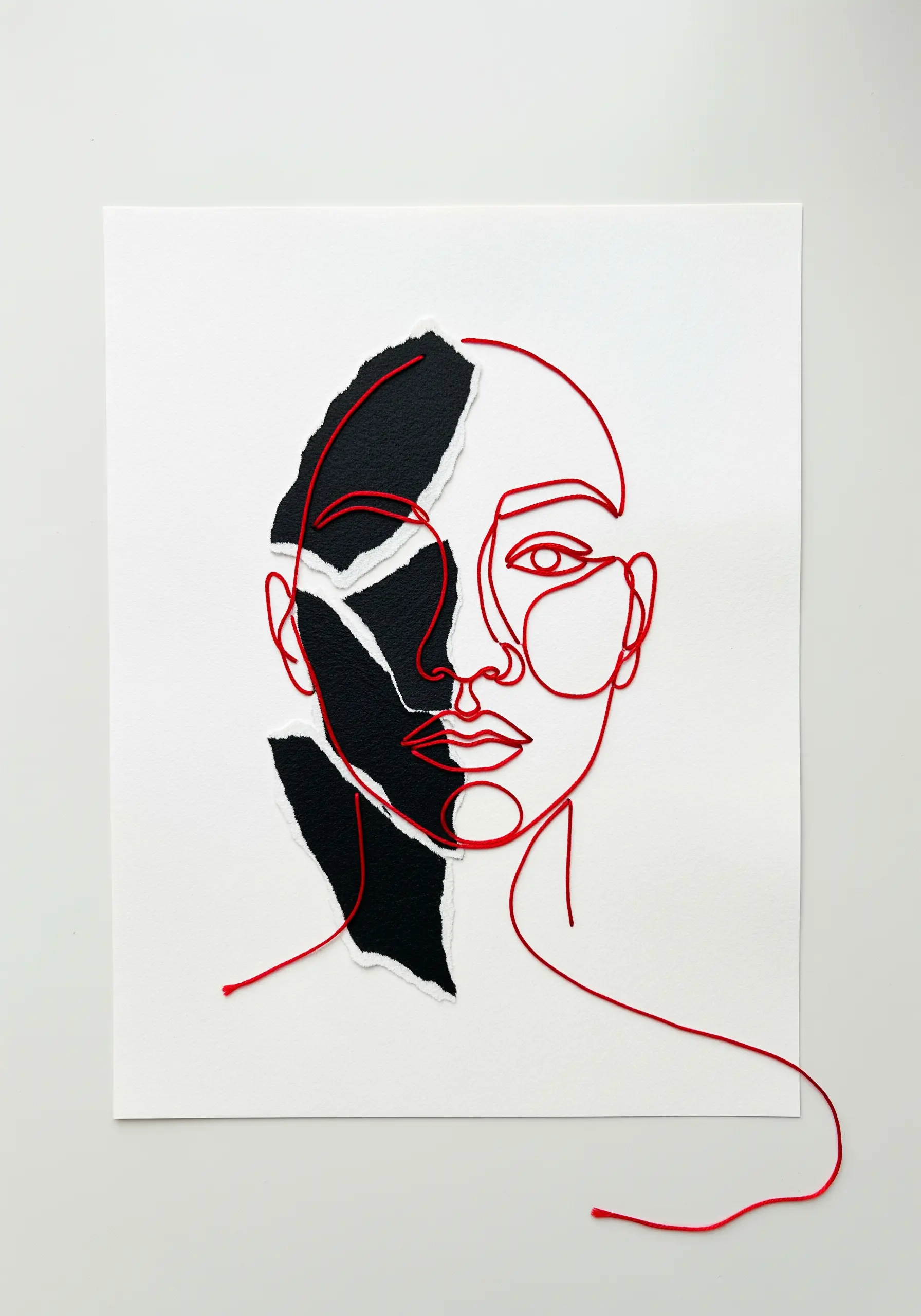 A minimalist line art portrait made with a single red thread over a torn black paper shape.