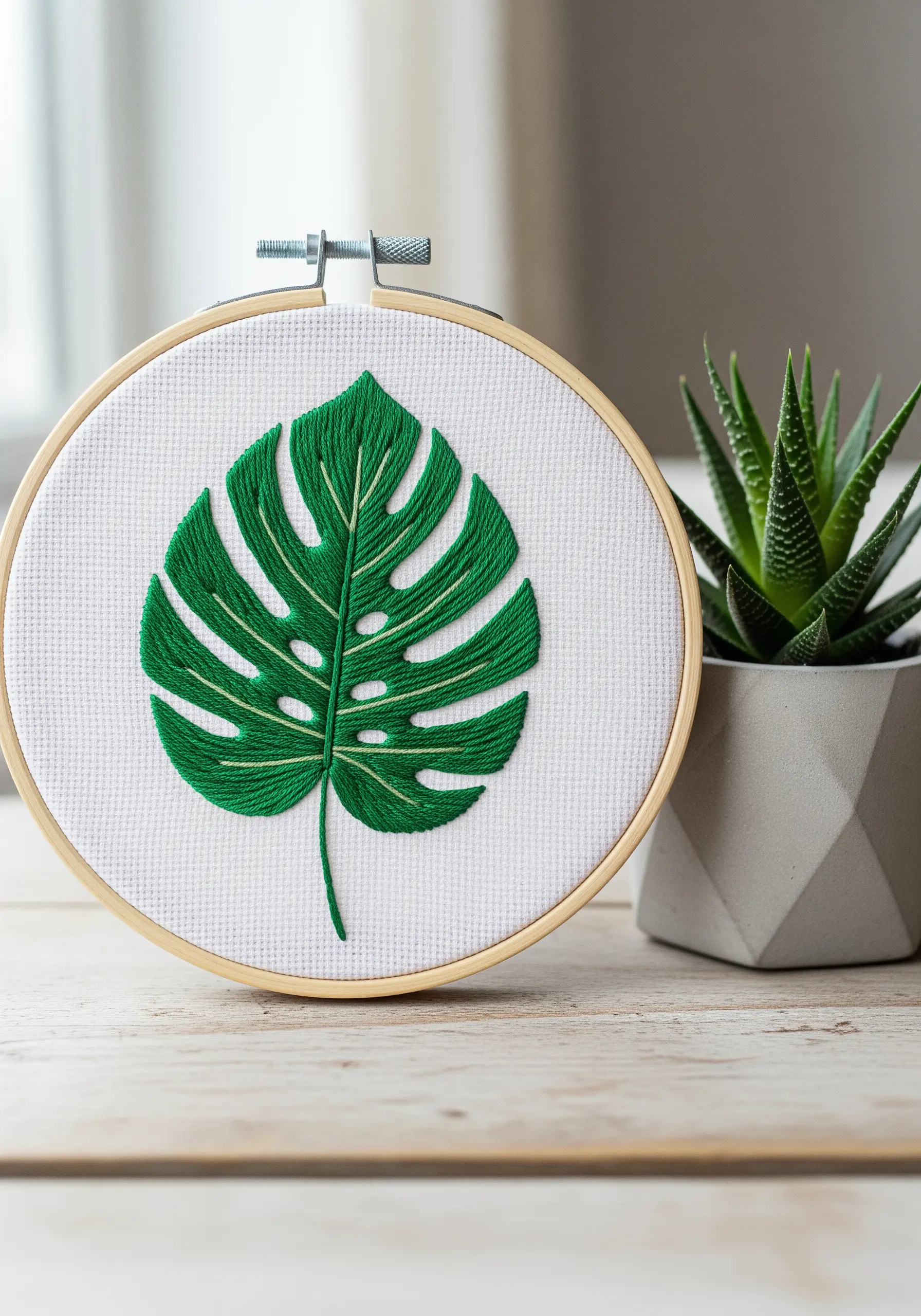 A minimal green Monstera leaf embroidered with an open fishbone stitch.