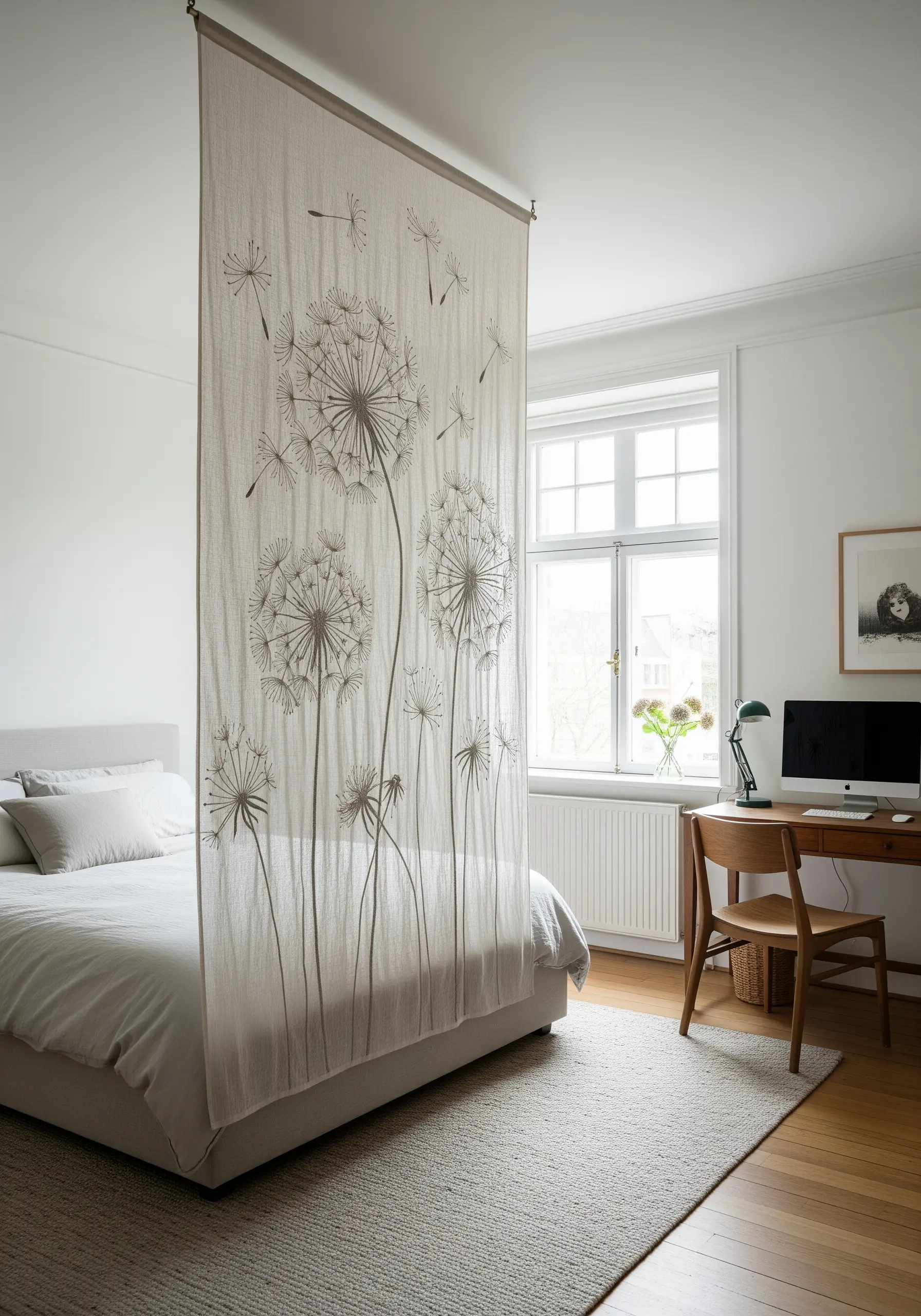 A linen panel room divider embroidered with large, delicate dandelion seed heads.