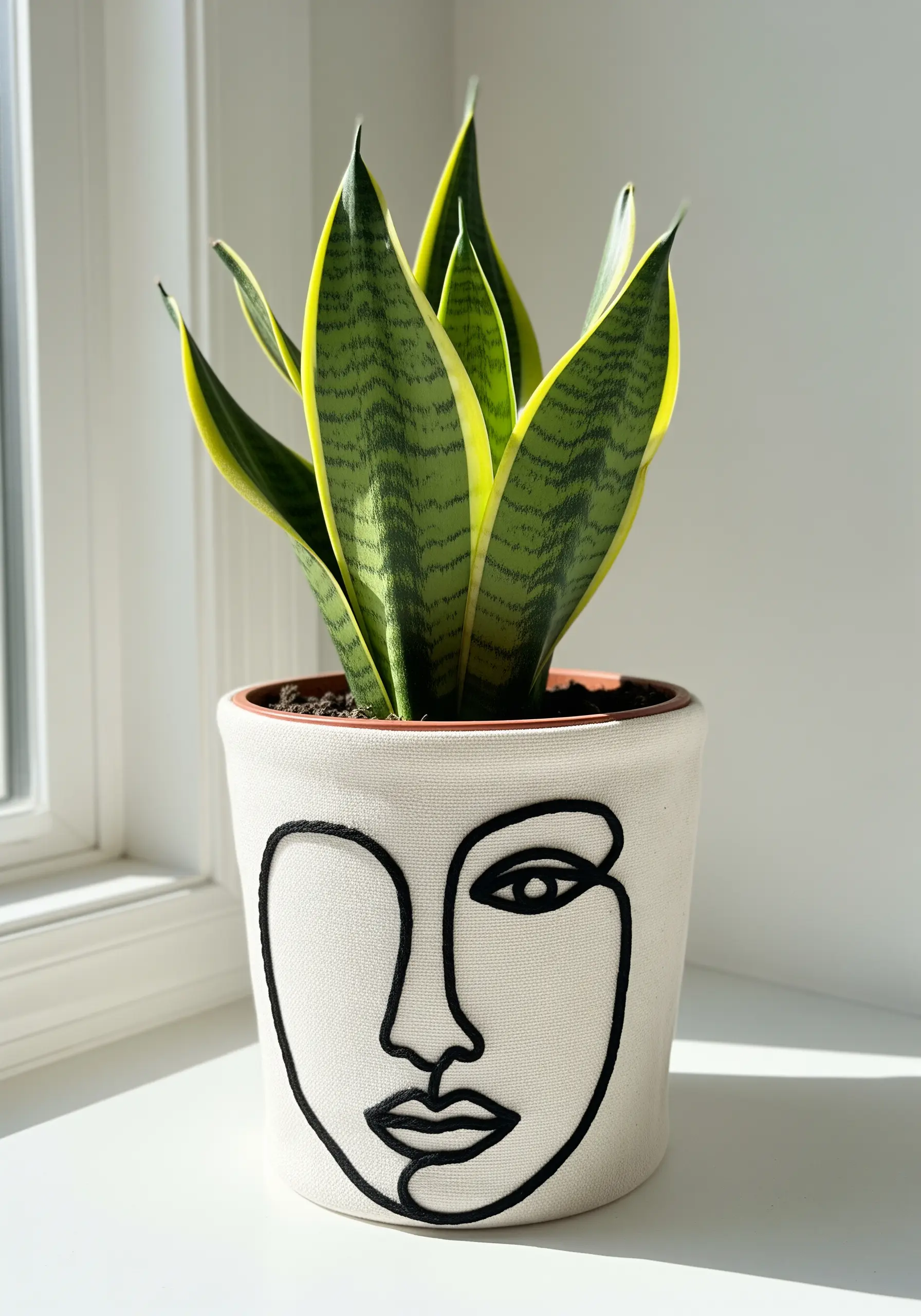A canvas plant pot with a single-line abstract face embroidered in thick black yarn.