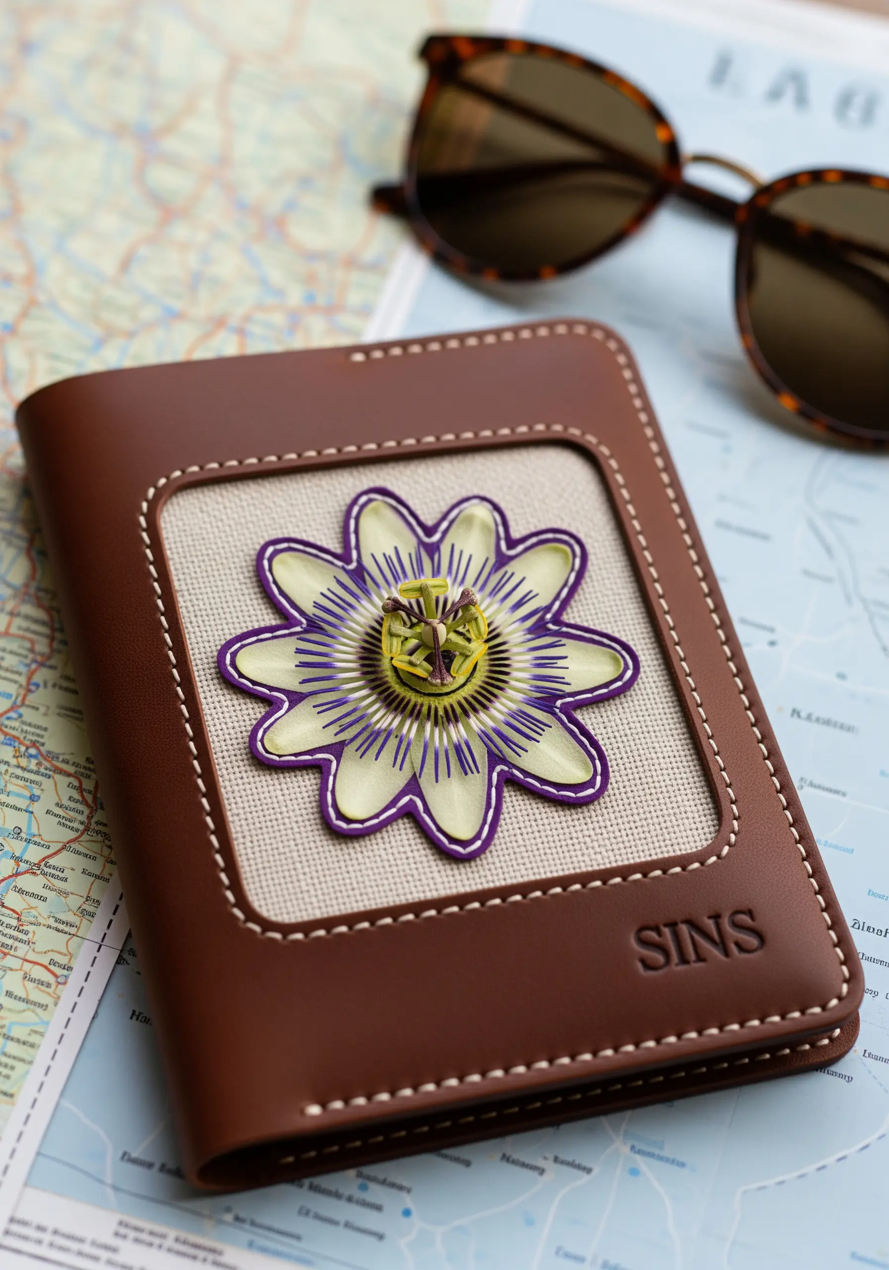 A passport holder featuring a pressed passionflower outlined with purple and white embroidery.