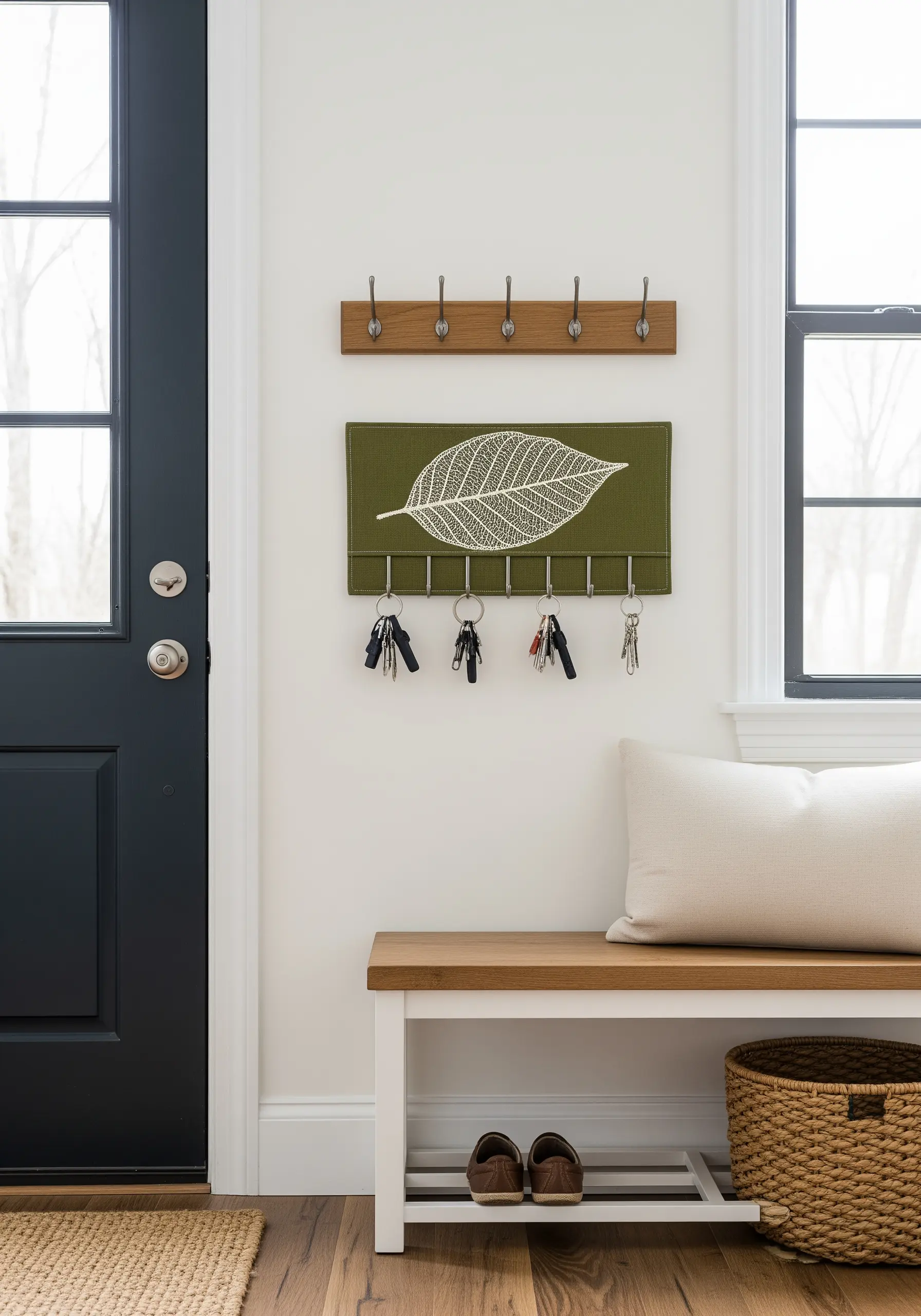 A wall-mounted key holder with an embroidered leaf skeleton created using negative space.