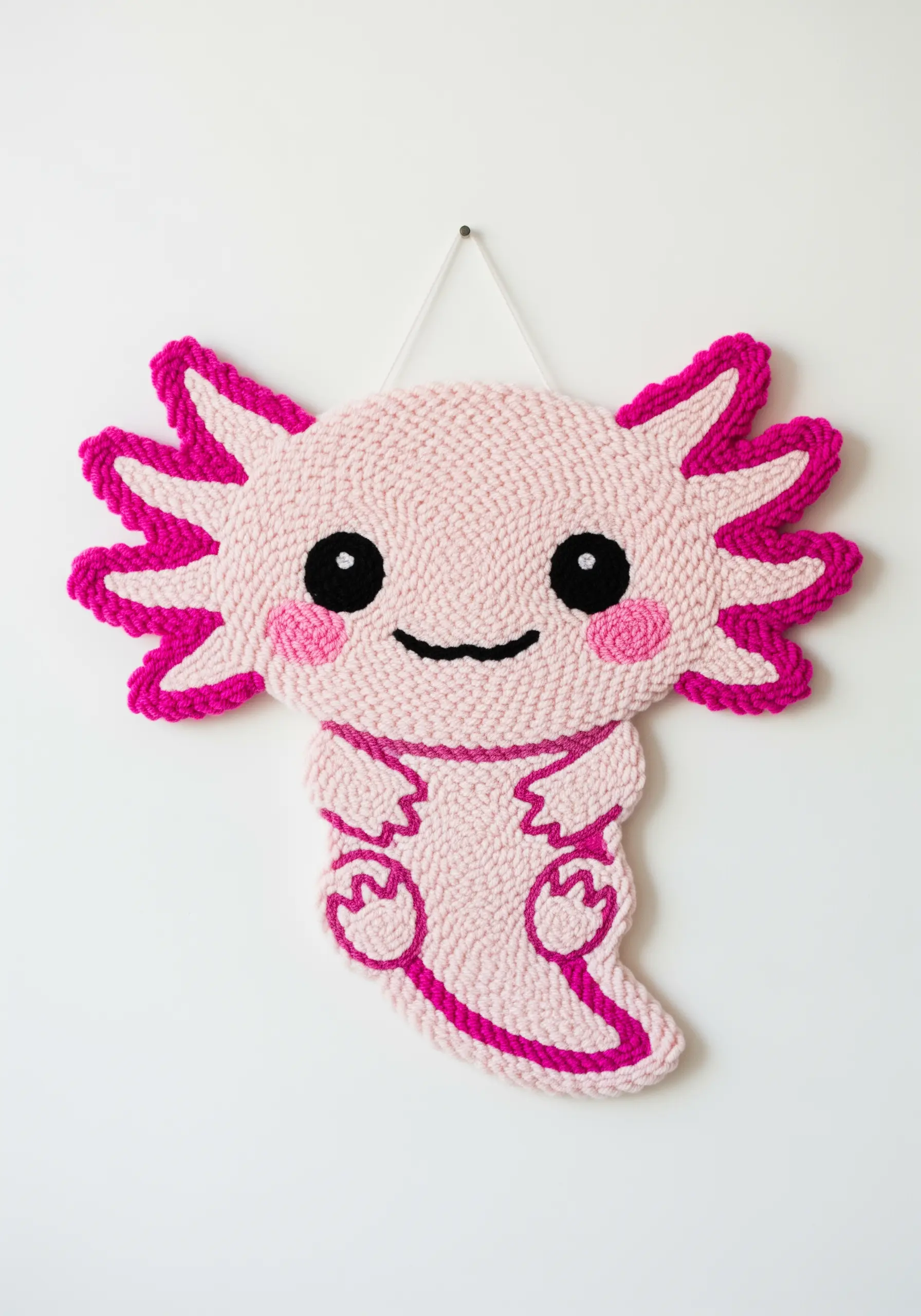 A cute axolotl wall hanging made with pink and fuchsia yarn in a textured stitch.