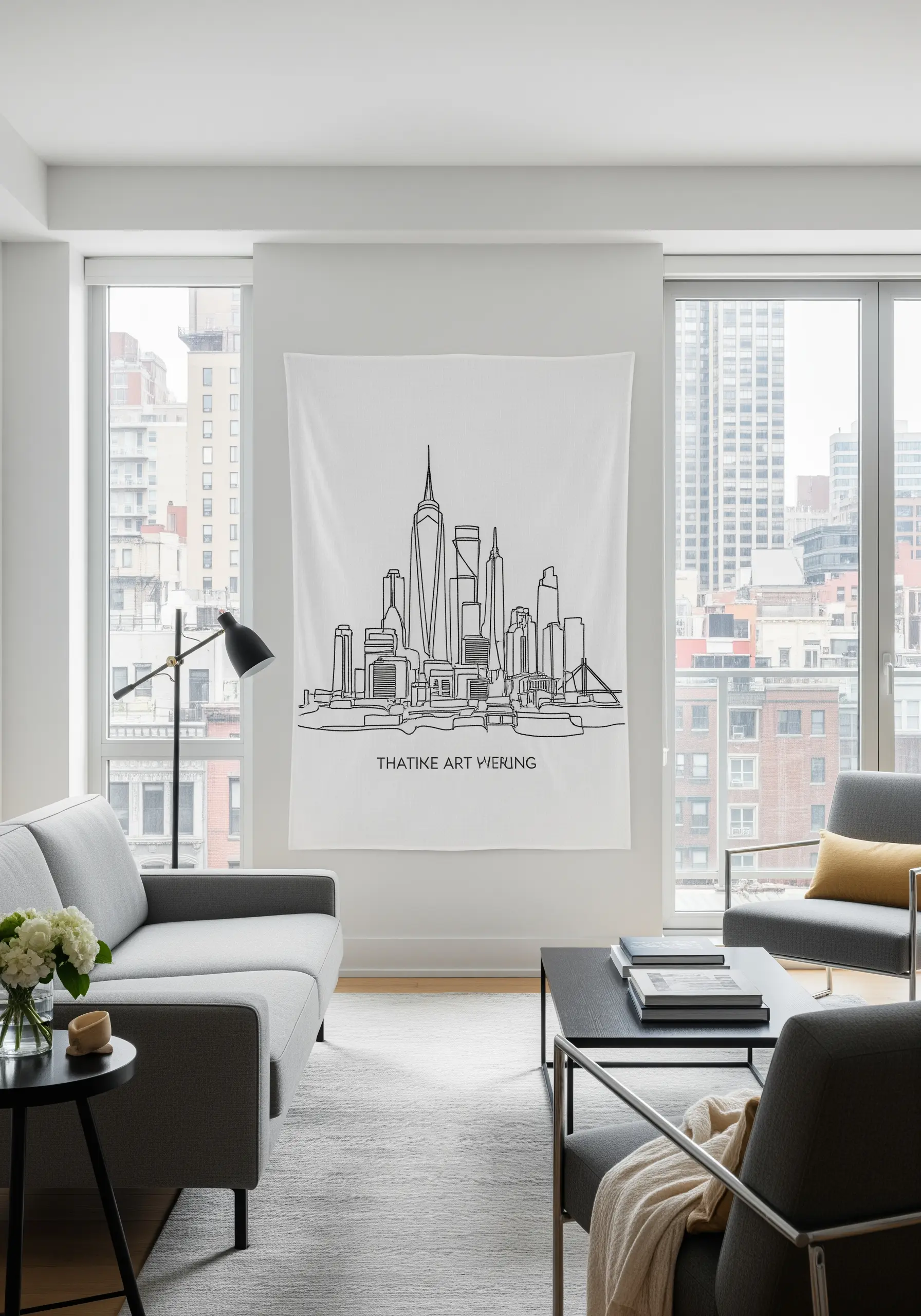 Minimalist single-line art embroidery of a city skyline on a large white wall hanging.
