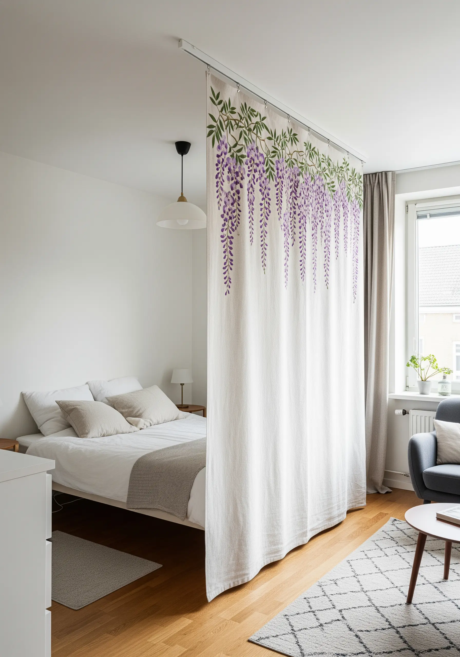 A fabric room divider with embroidered purple wisteria flowers cascading from the top