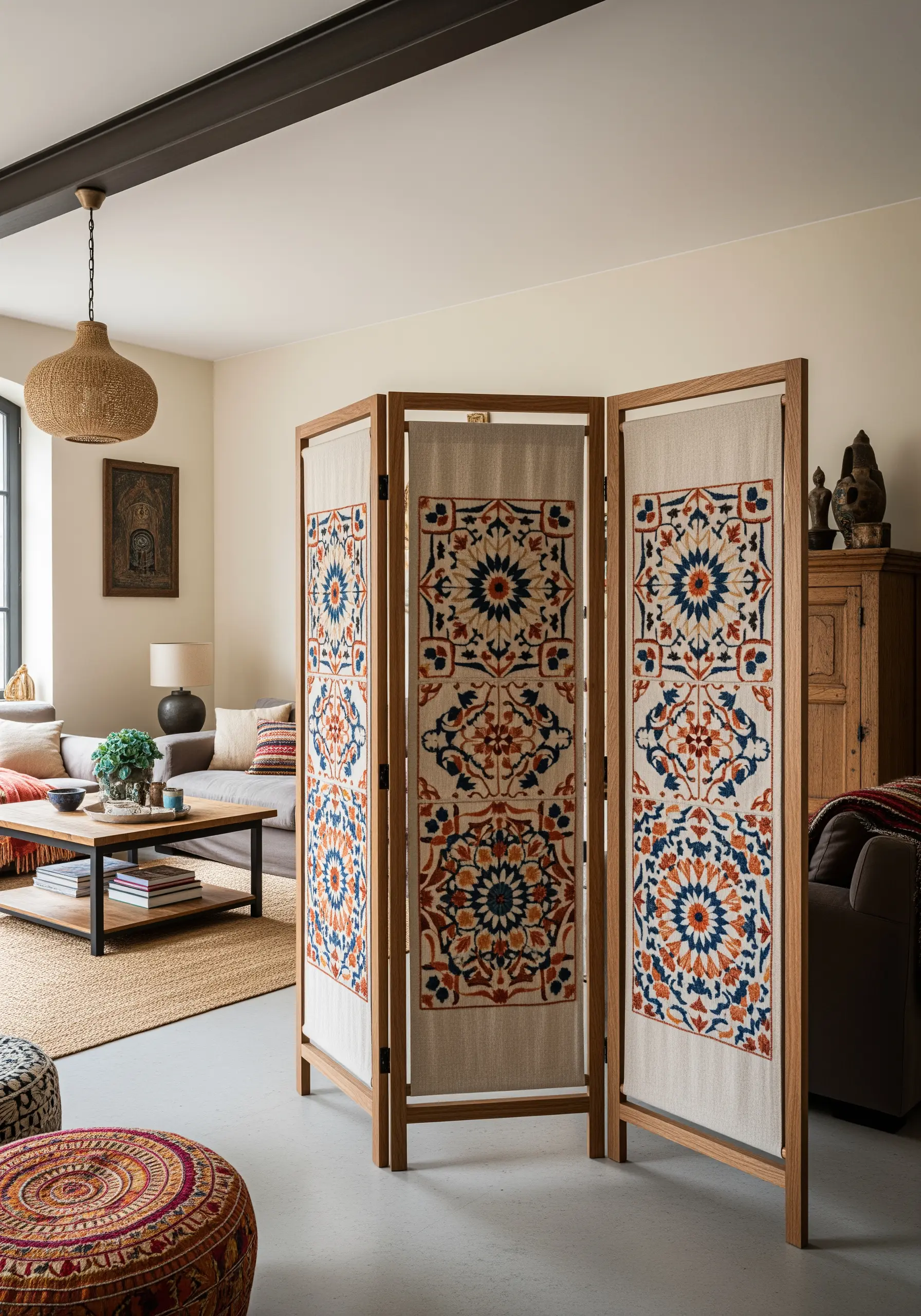 A wooden folding screen with fabric panels embroidered with colorful geometric tile patterns.