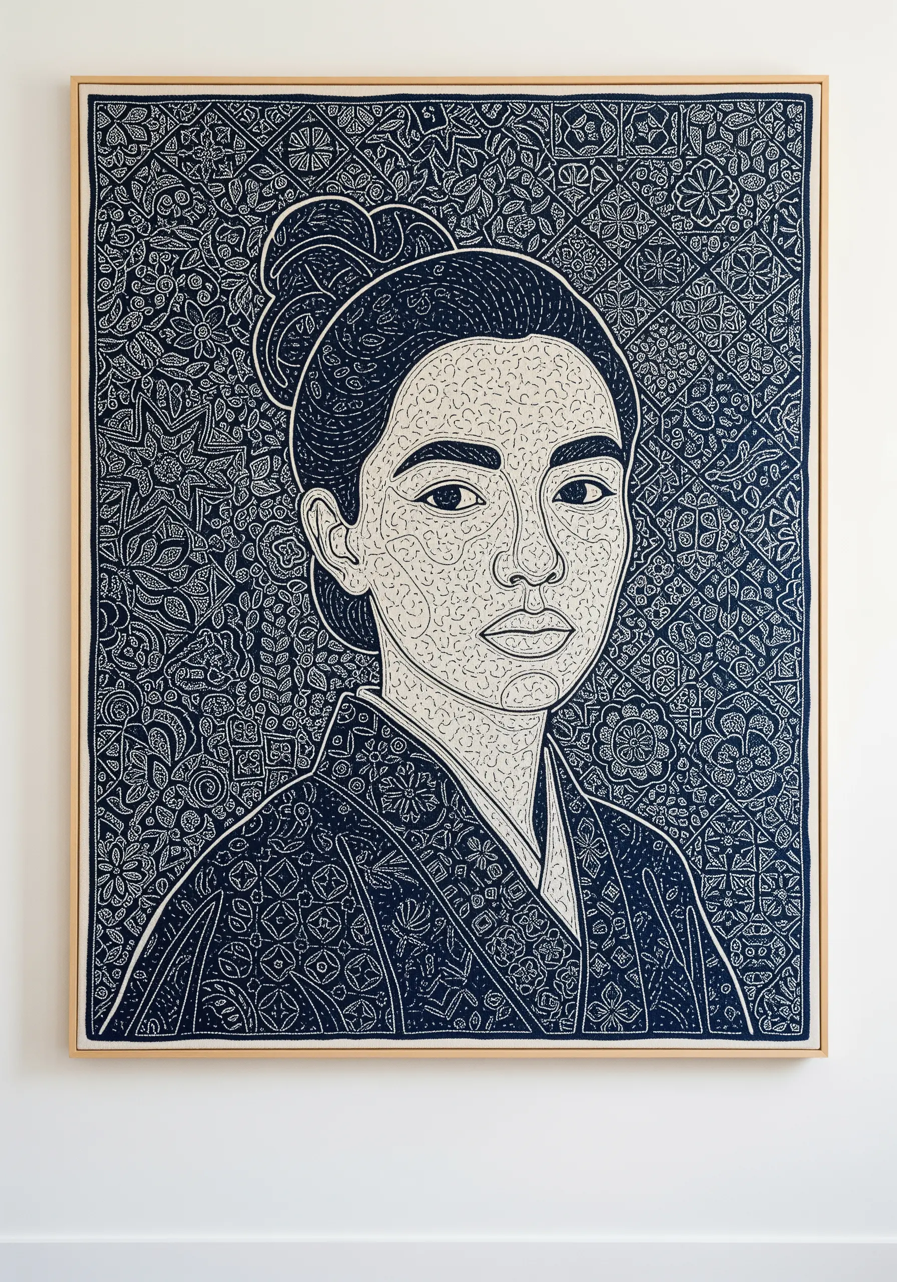 A portrait defined by negative space, with the background filled with intricate blue and white stitches.