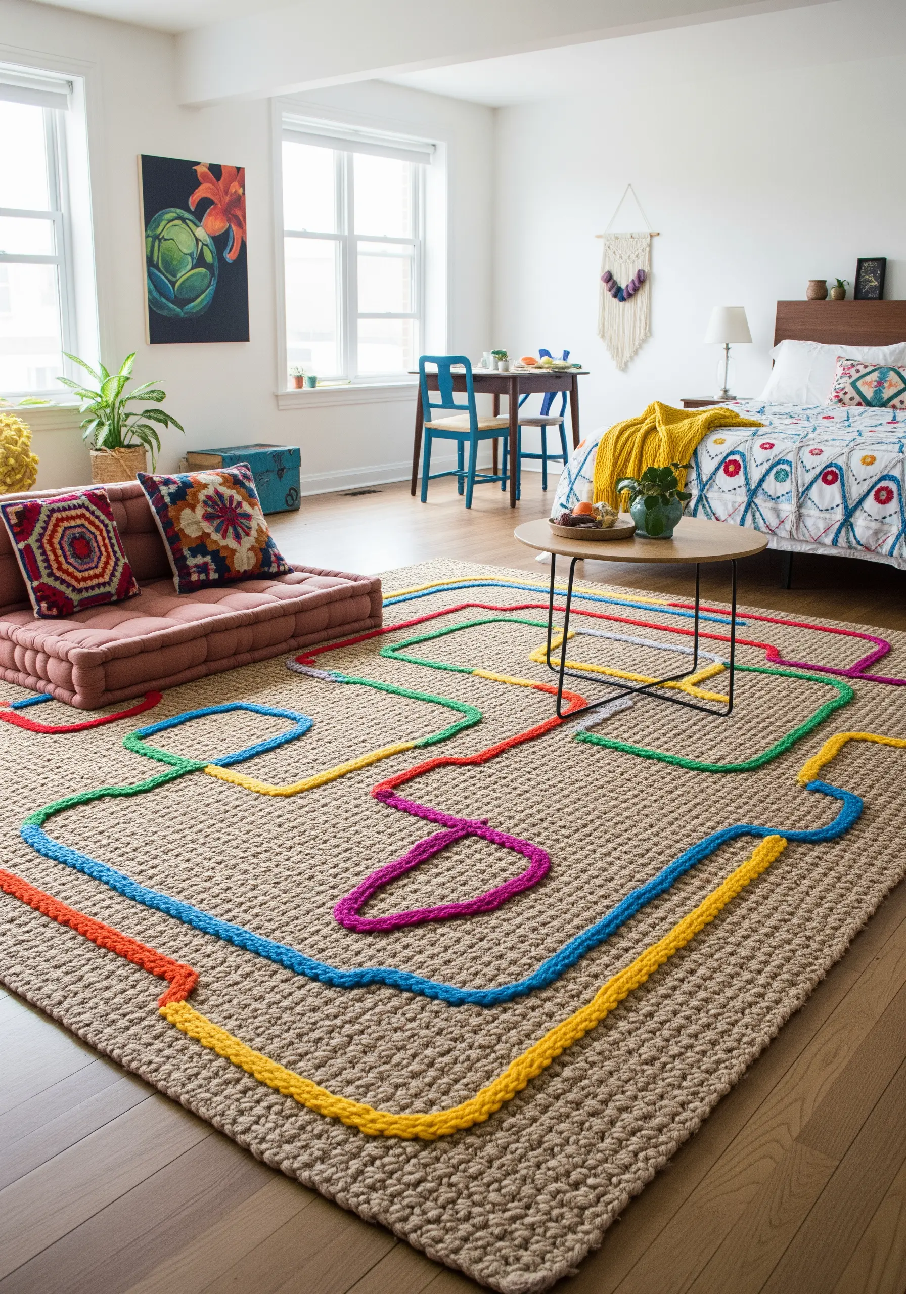 A natural fiber rug with bold, colorful lines of yarn couched on top to create a playful pattern.