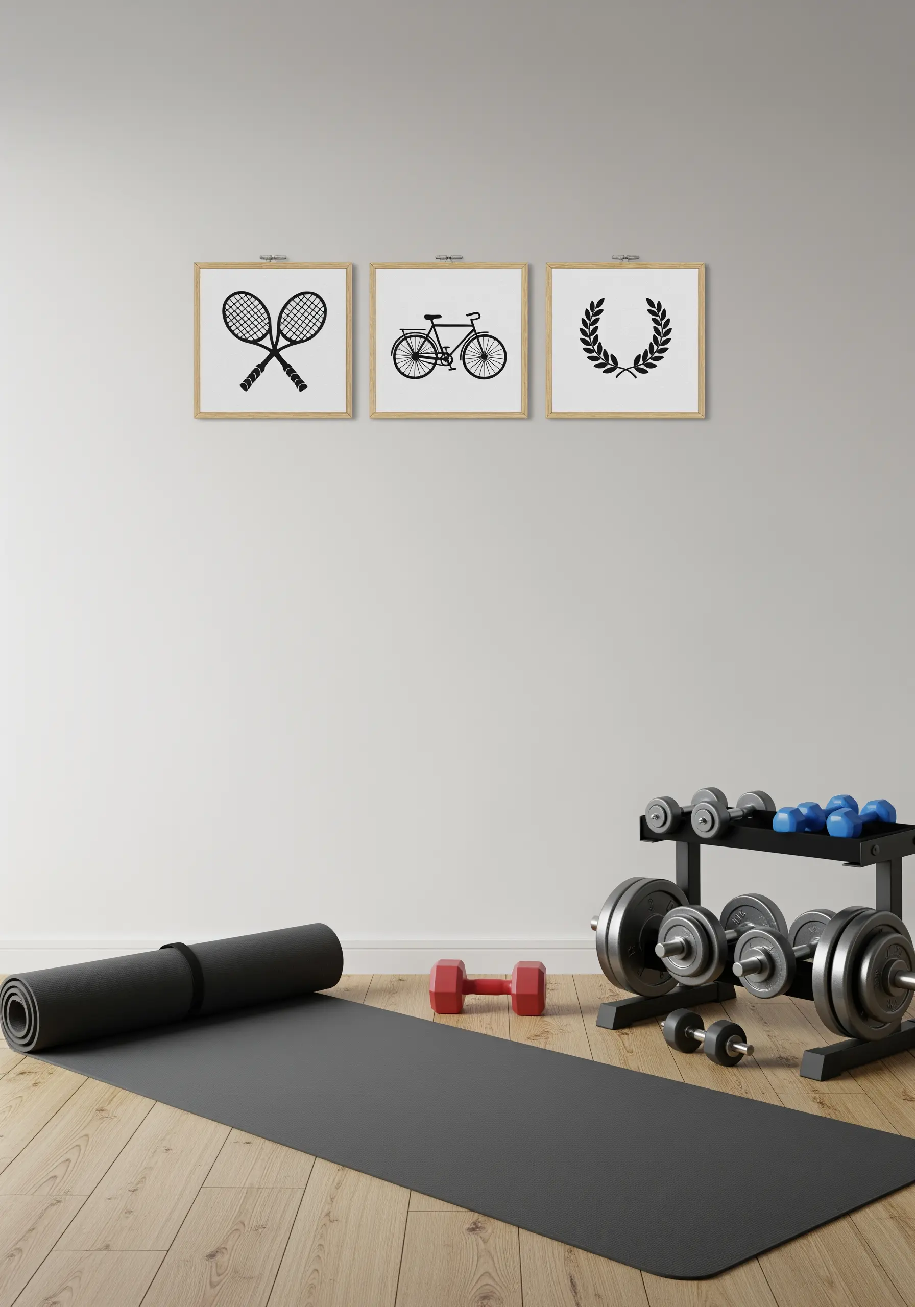 Three framed black-and-white embroidery silhouettes of sports equipment in a home gym area