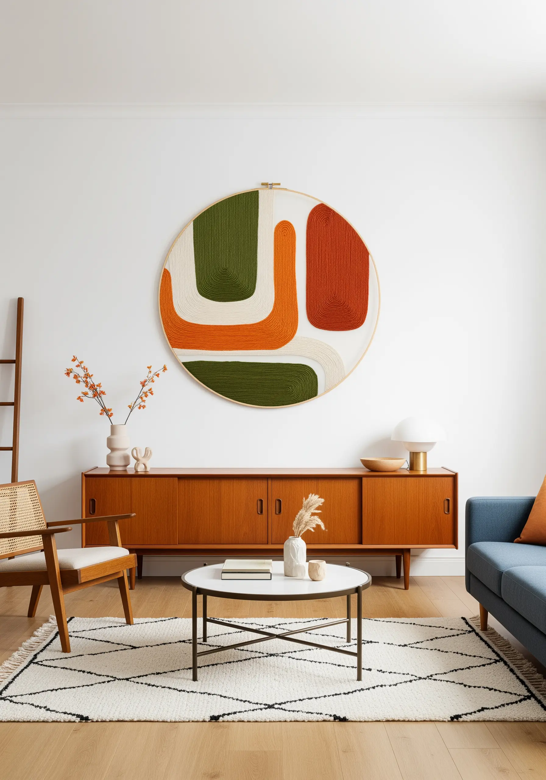 Large circular hoop with abstract color-blocked shapes outlined in black thread.