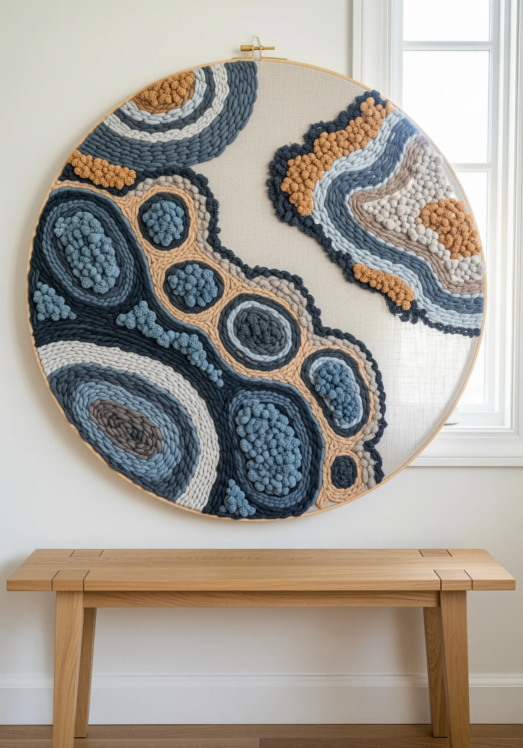 Large circular hoop art with abstract, layered shapes in blue, tan, and cream using punch needle.
