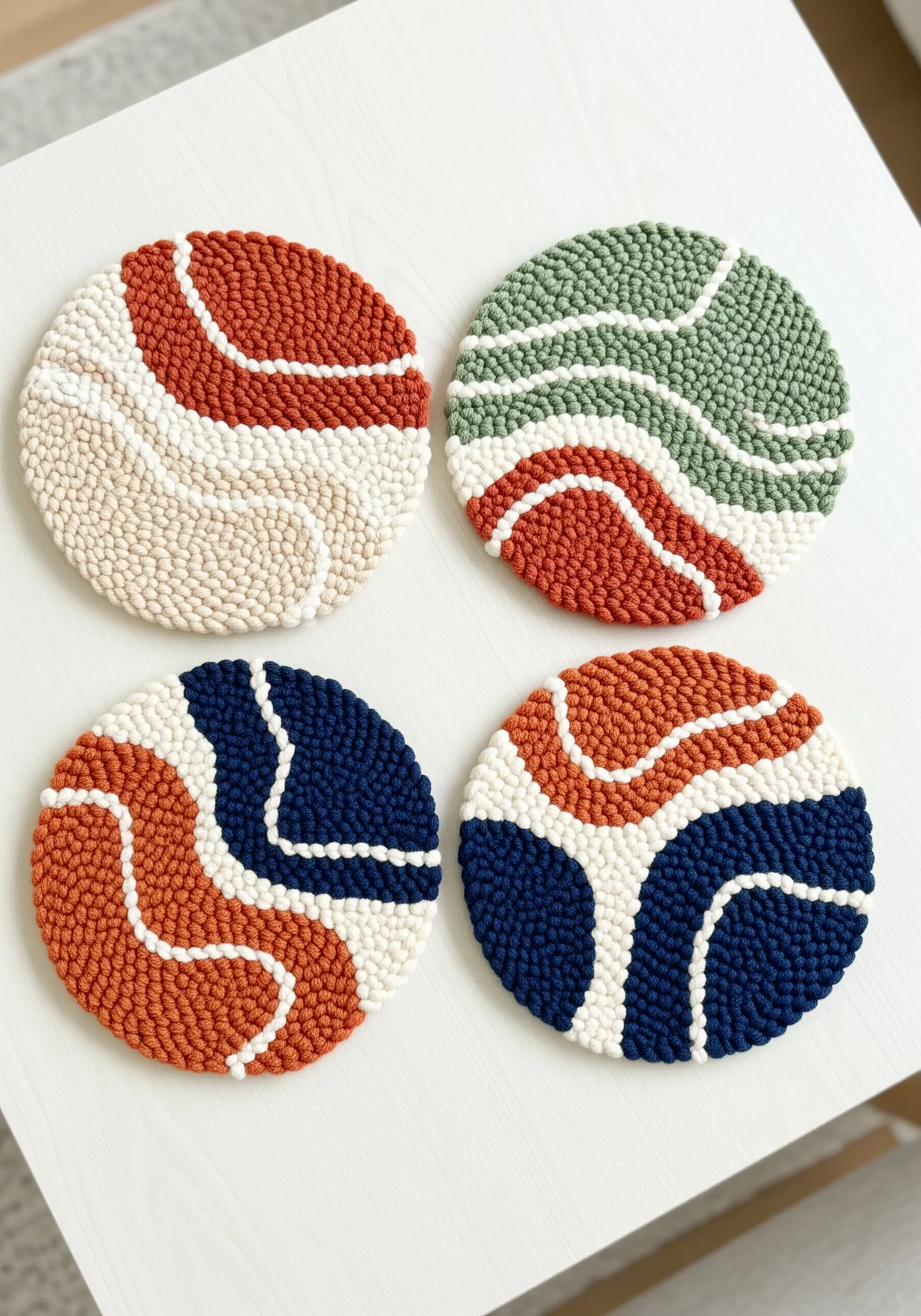 Four round punch needle coasters with abstract, earthy-toned color-block designs.