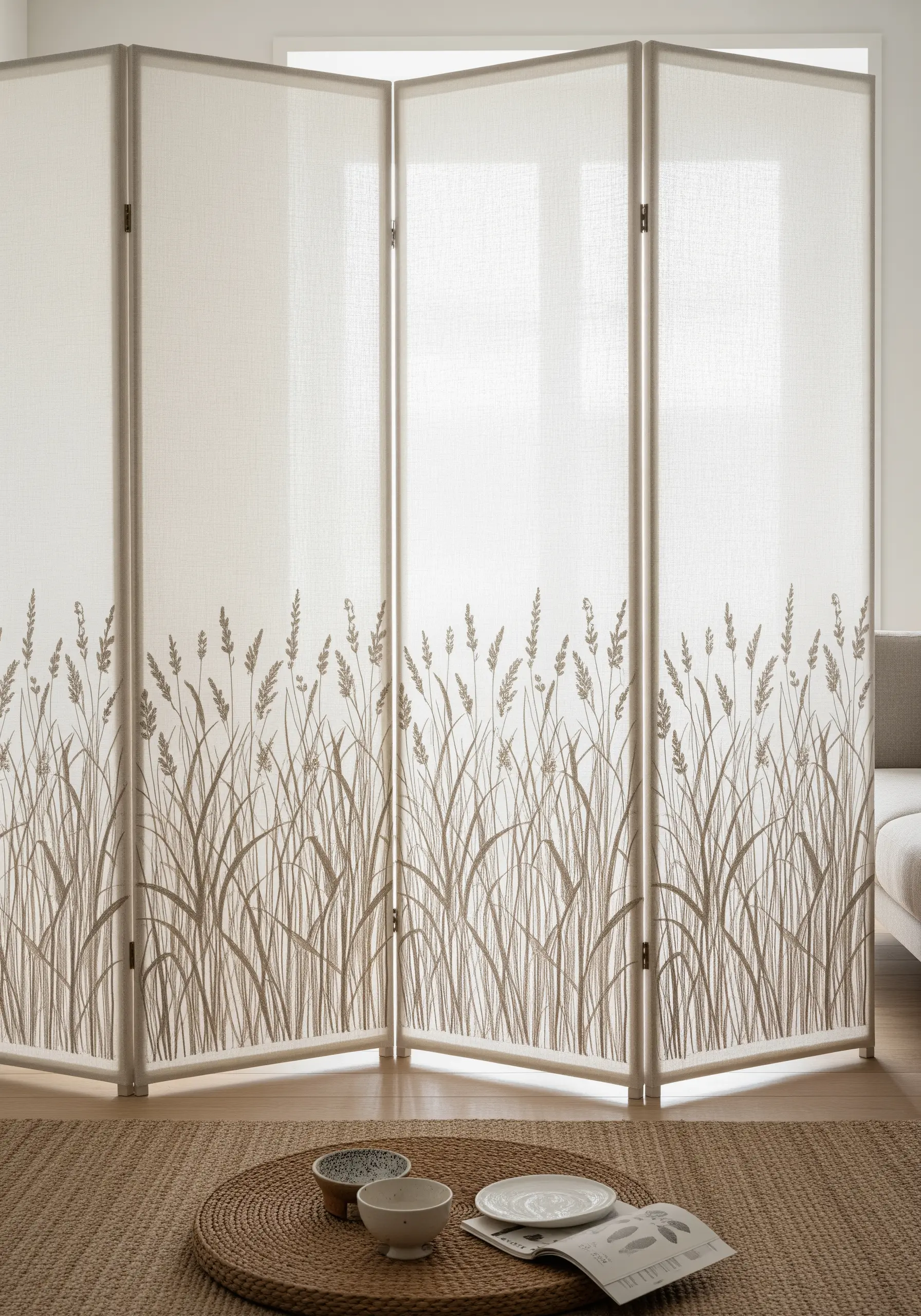 A continuous border of embroidered wheat stalks along the bottom of a fabric screen.