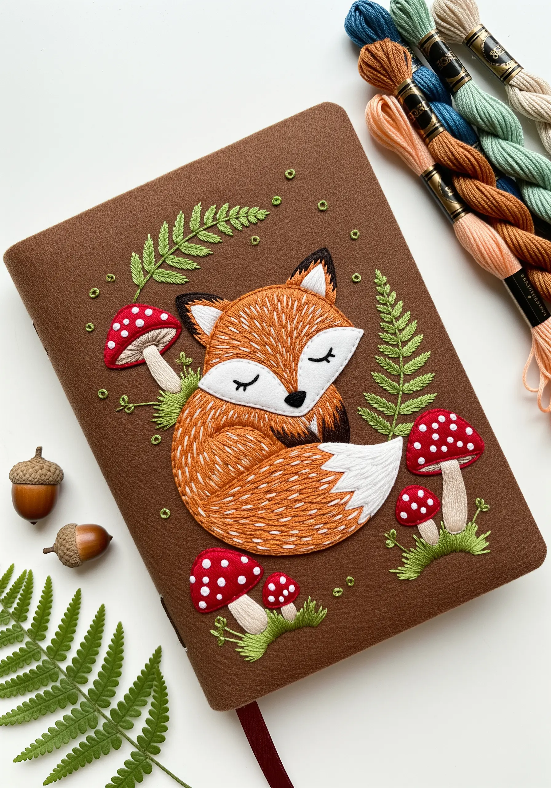 Embroidered sleeping fox on a brown journal, surrounded by ferns and mushrooms.
