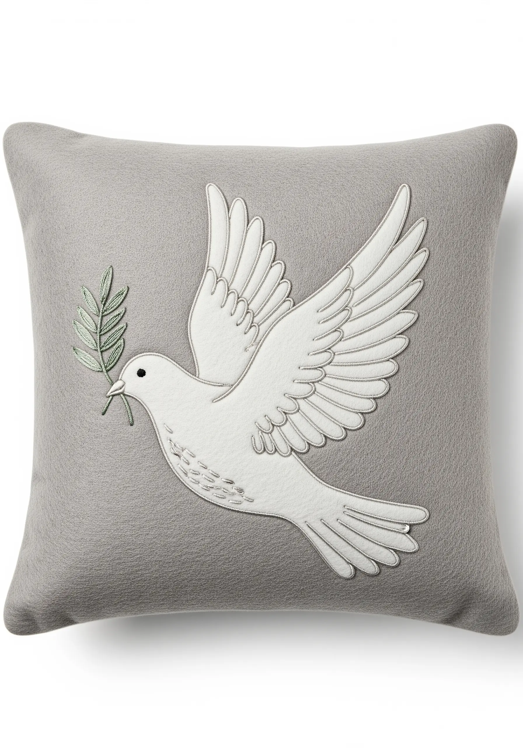 A white felt appliqué dove with subtle embroidered details on a gray pillow.