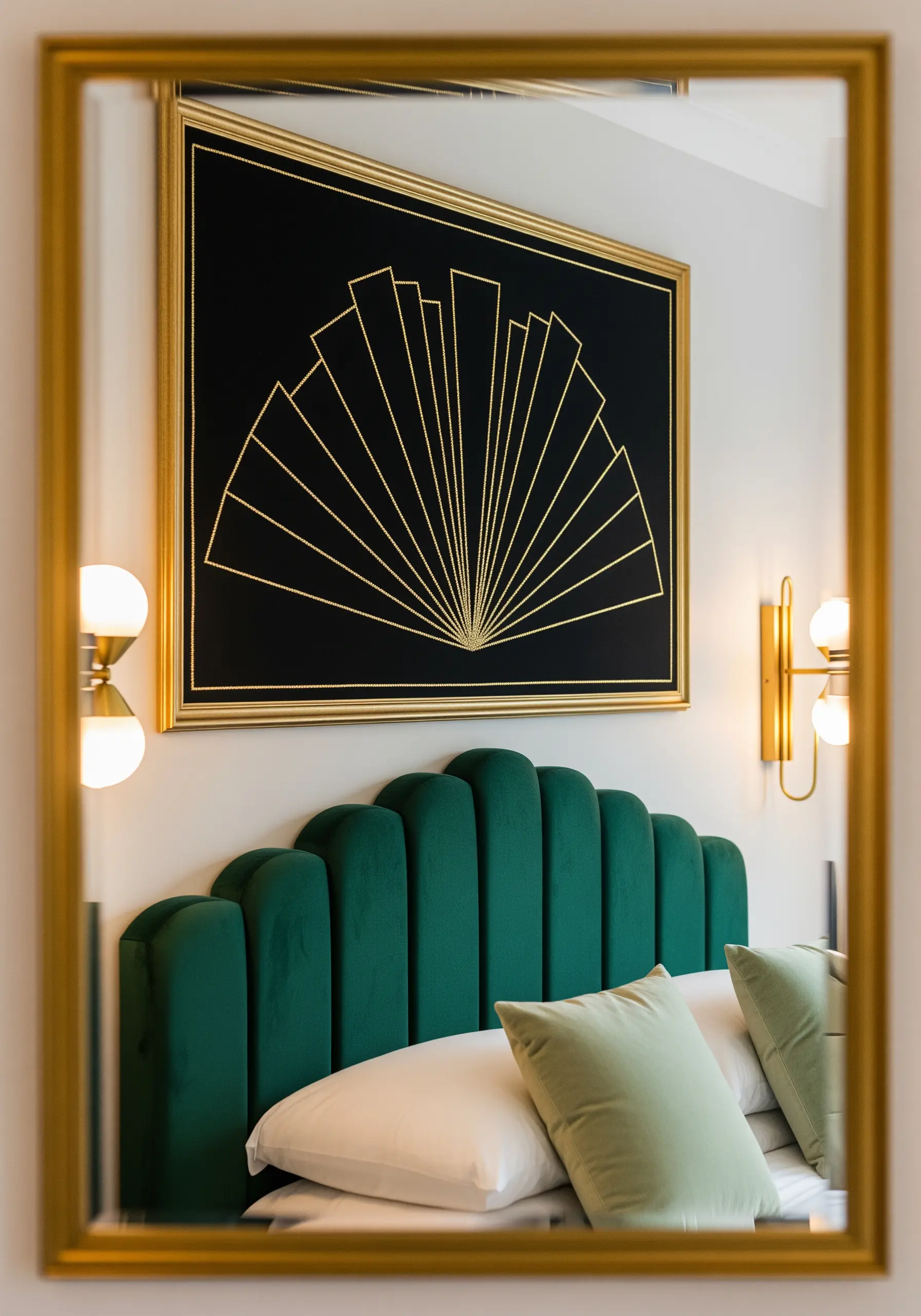 An Art Deco fan design stitched in gold metallic thread on black fabric.