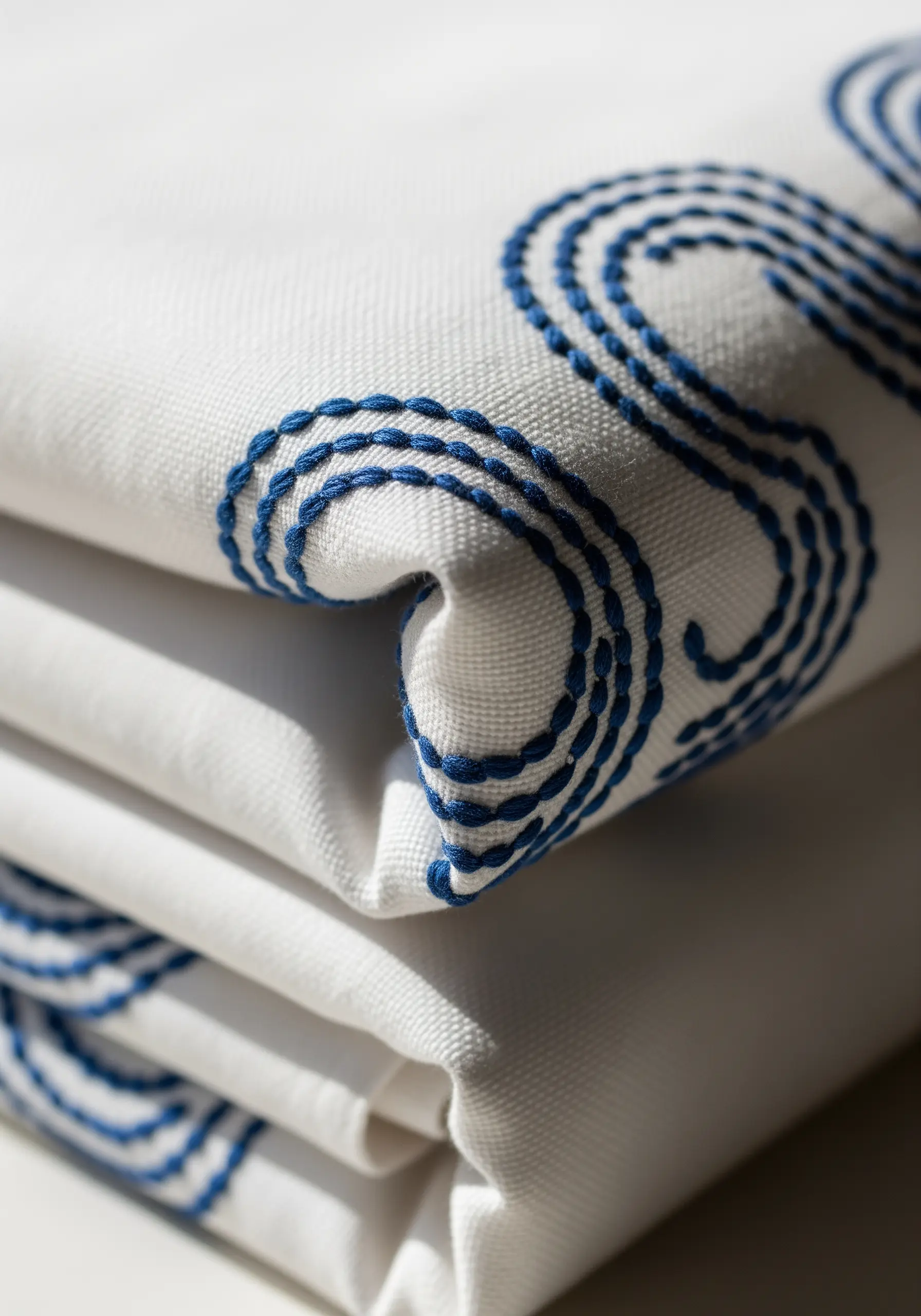 Close-up of a bold blue chain stitch border on folded white bed linens.