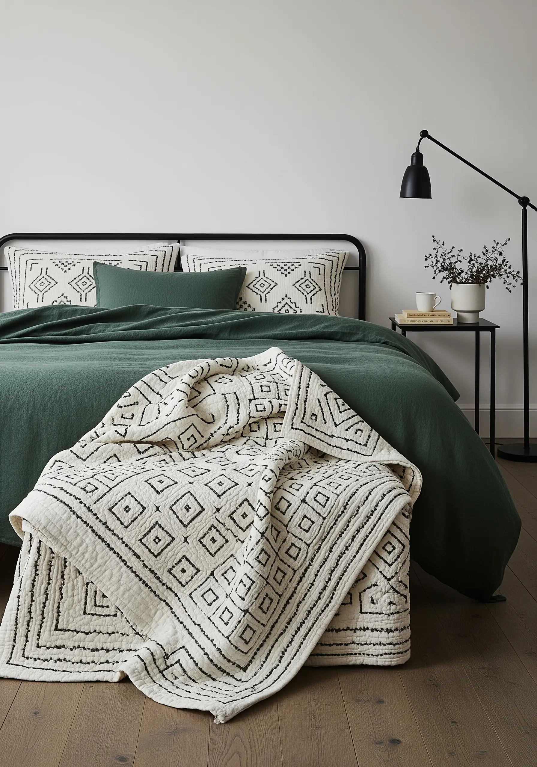 A cream-colored quilt with a black embroidered geometric pattern folded at the foot of a bed.