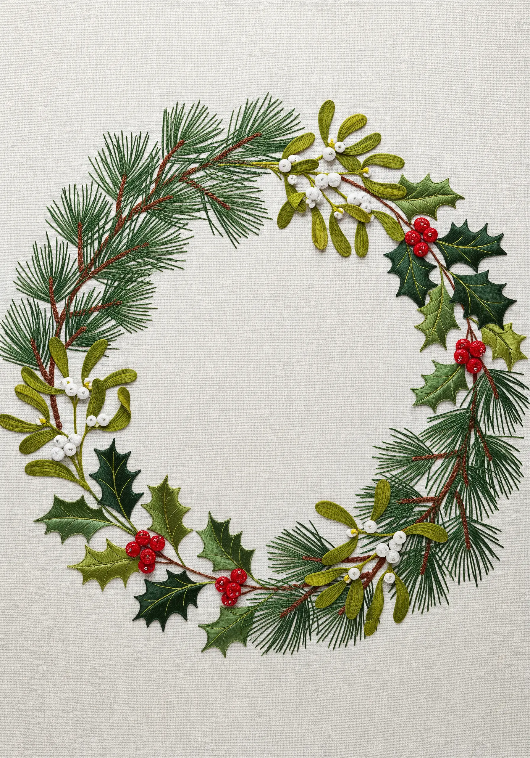 A clean and precise embroidery of a holiday wreath with holly, mistletoe, and pine.