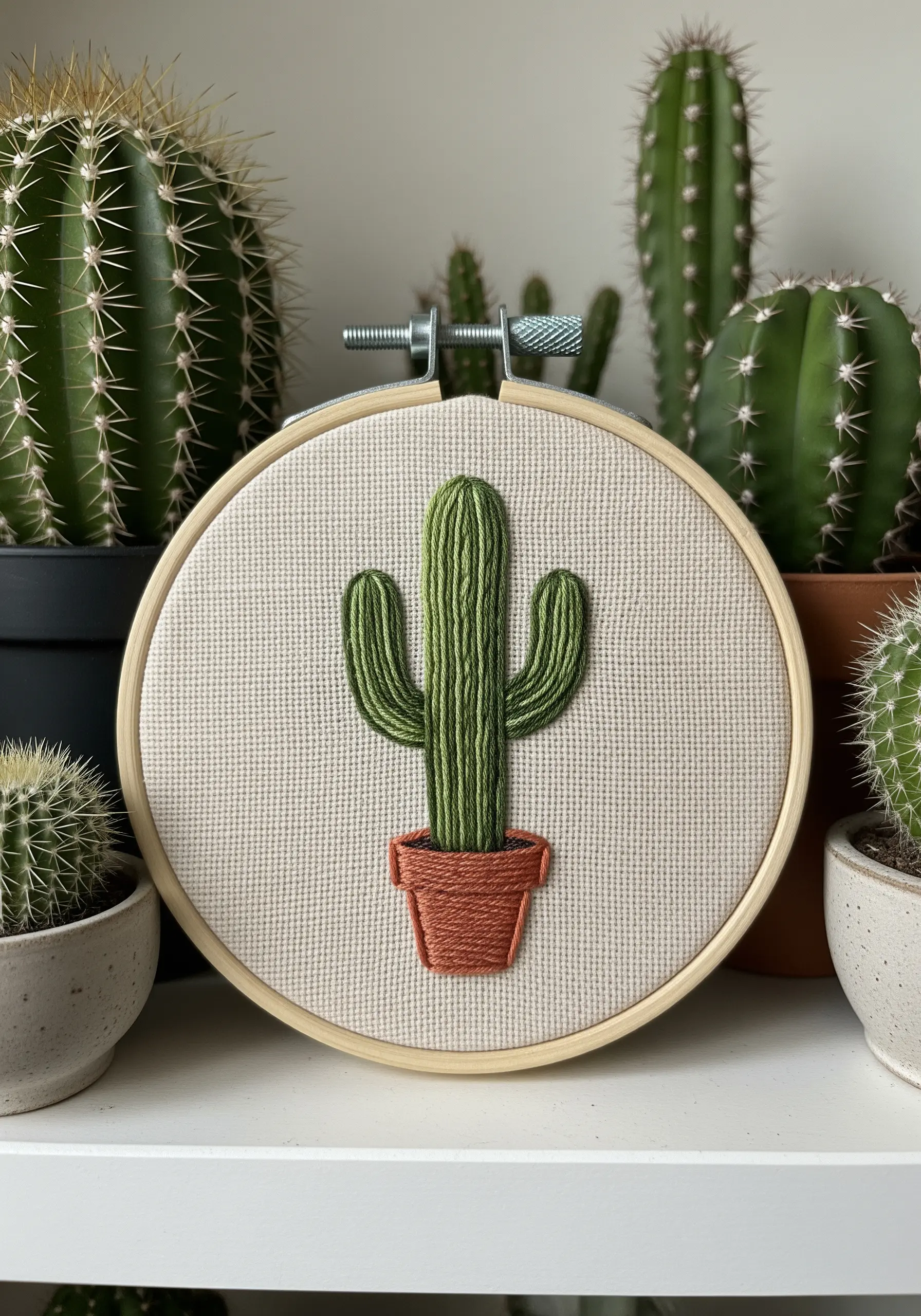 A Saguaro-style cactus in a terracotta pot embroidered on light Aida cloth