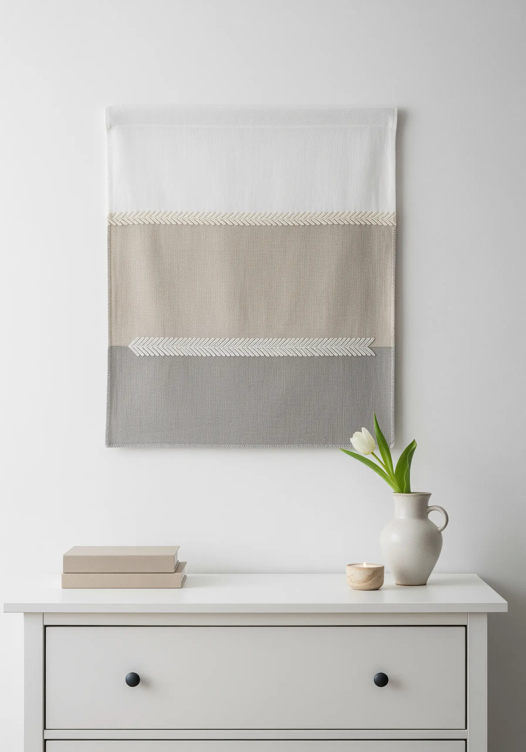 A color-blocked wall hanging in gray, beige, and white, with raised braided stitches as borders.