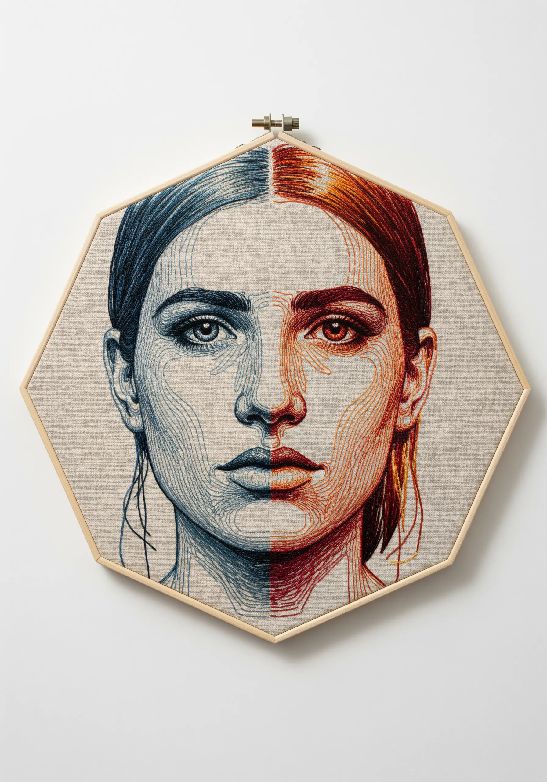 Stylized embroidered portrait in a hexagonal hoop, using continuous blue and red contour lines.