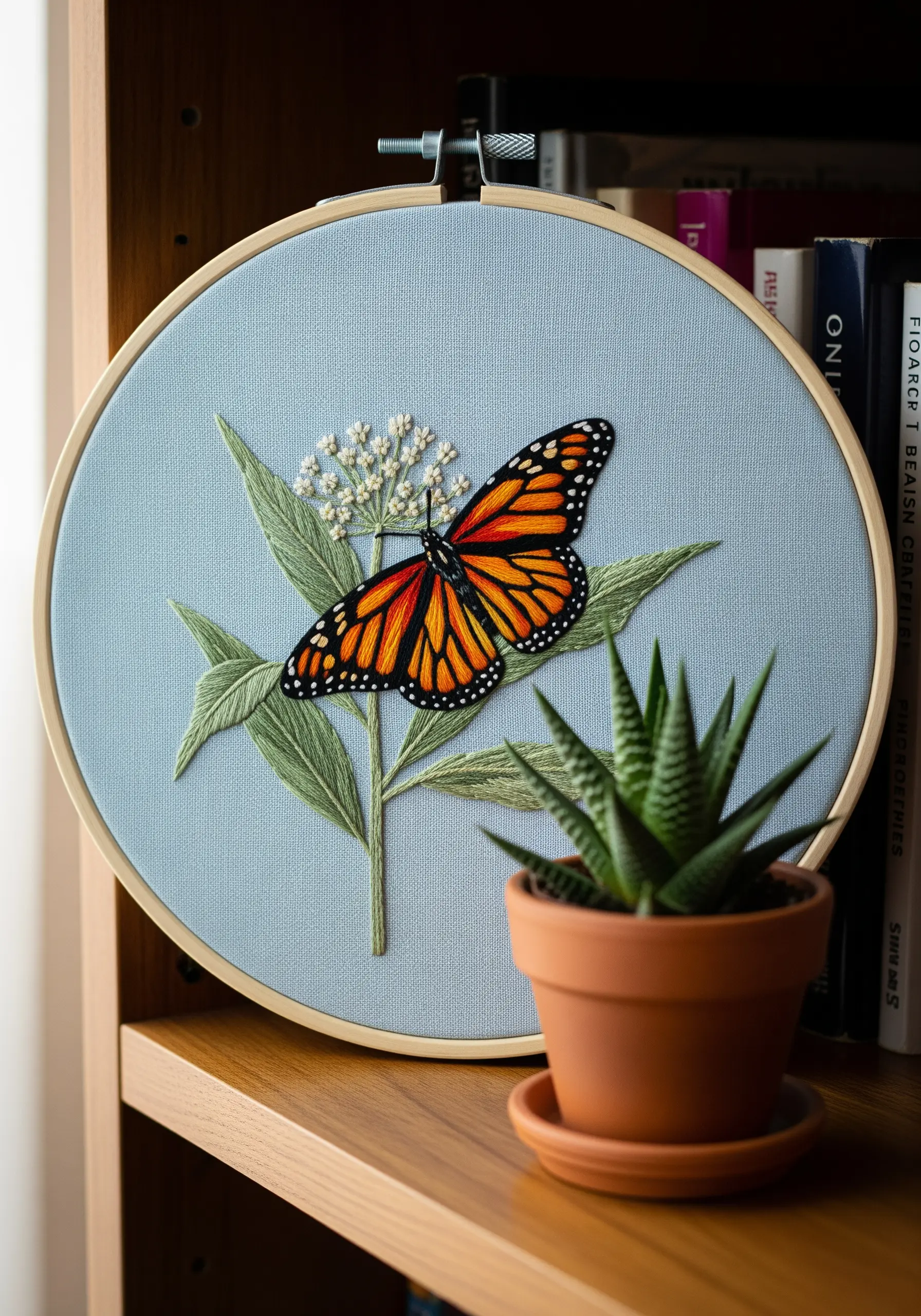Detailed monarch butterfly embroidery on a plant, displayed on a bookshelf.