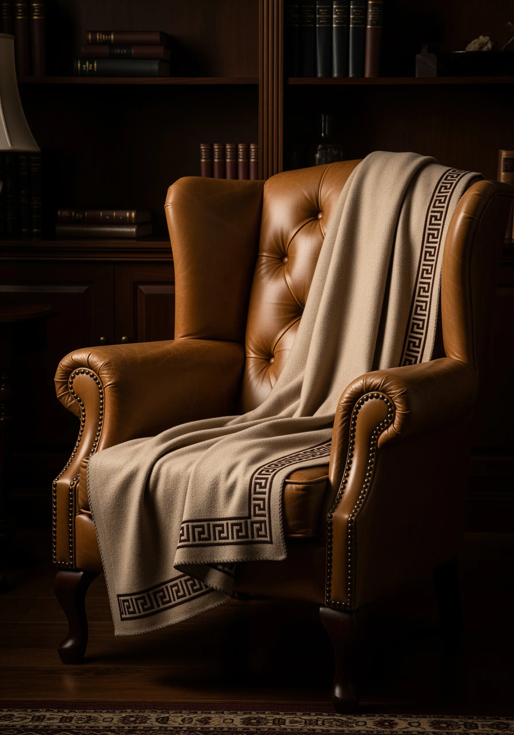 A beige throw blanket with a dark brown embroidered Greek key border.