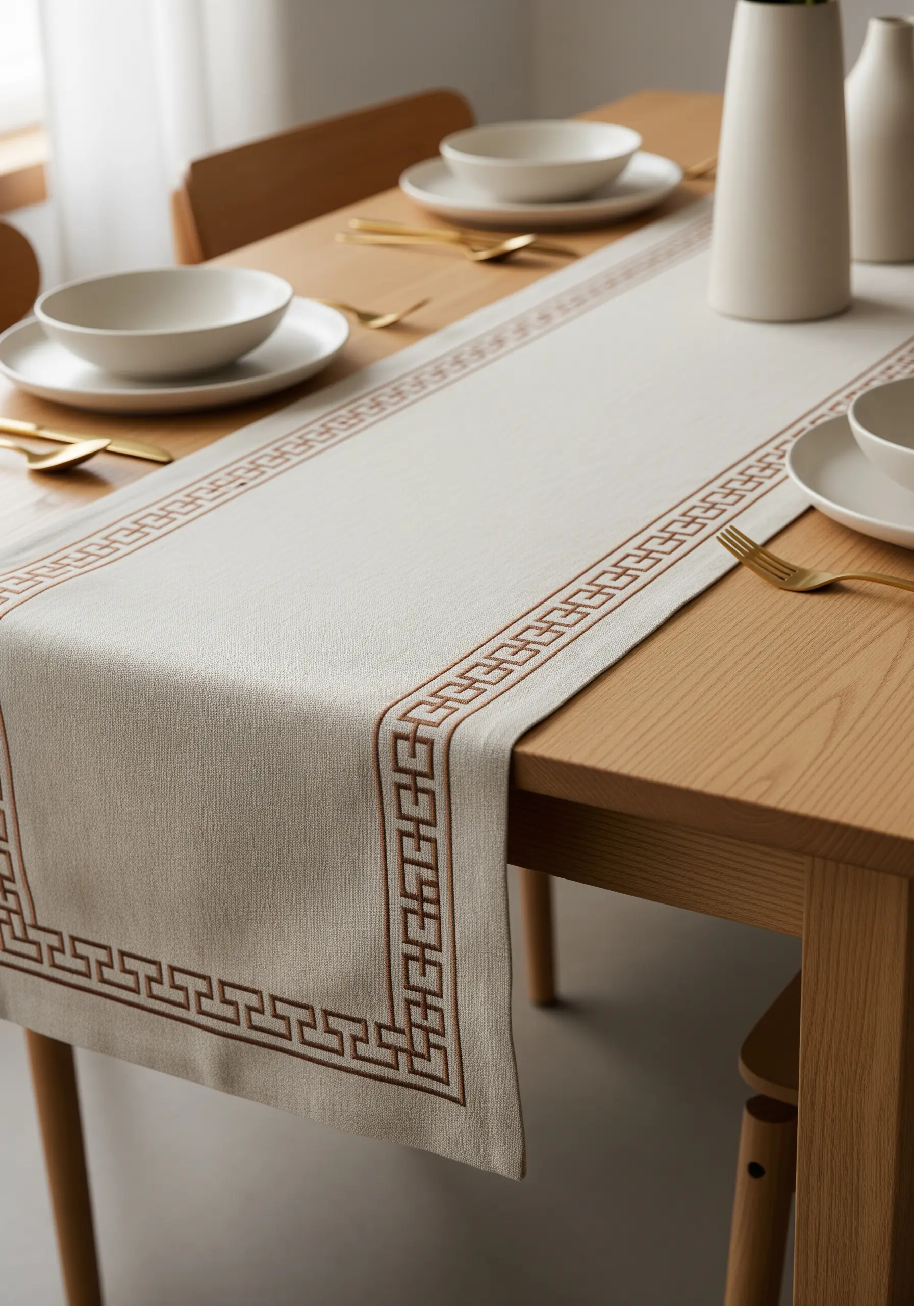 A classic Greek key geometric border embroidered in brown satin stitch on a table runner.