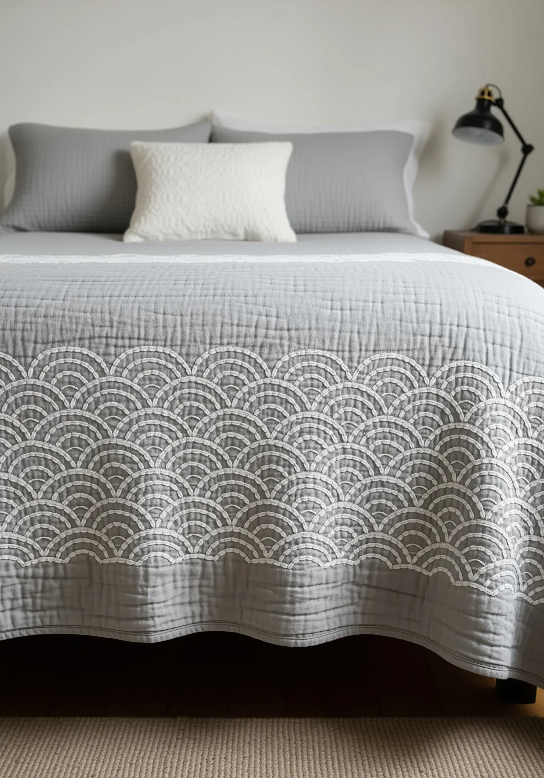 A large repeating white scallop pattern embroidered along the edge of a grey quilt