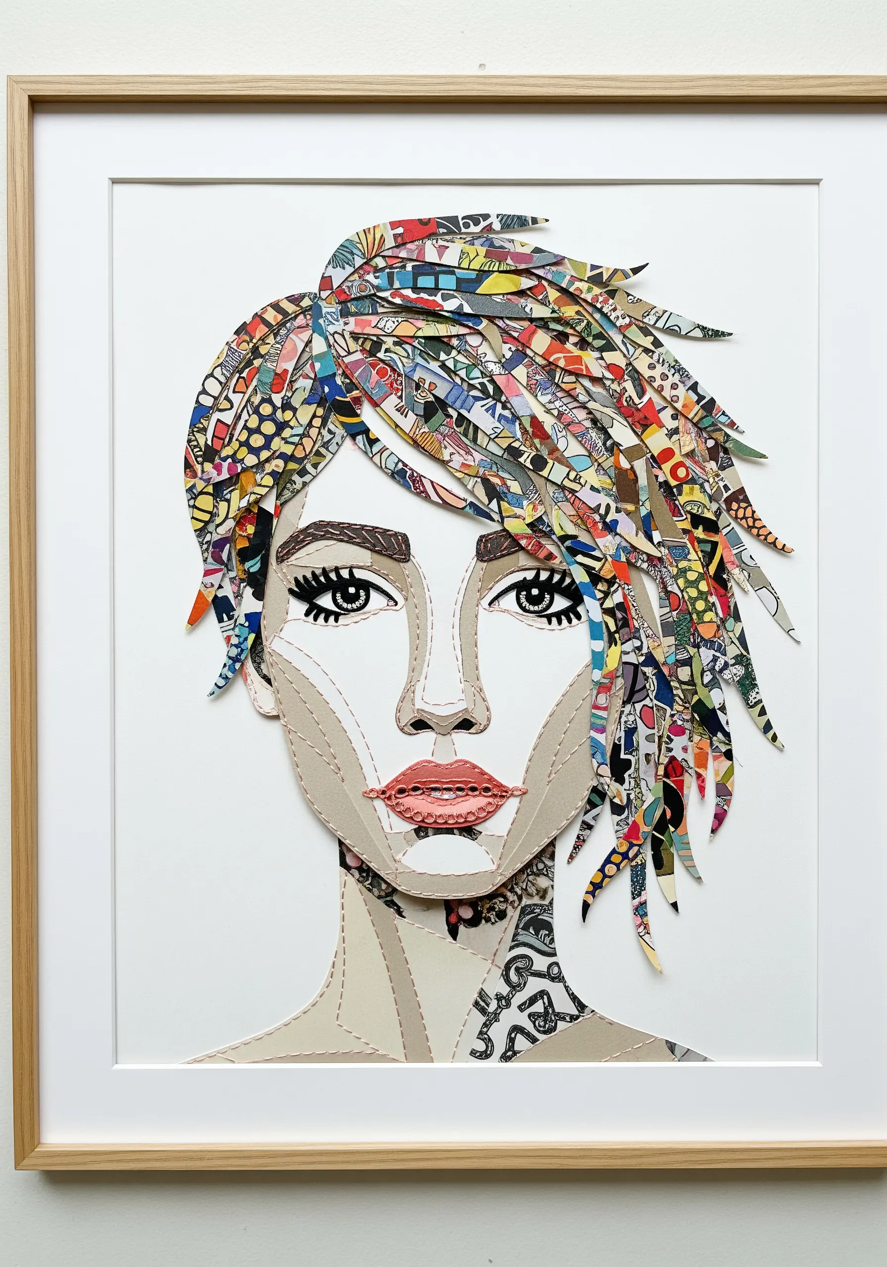A paper collage portrait with subtle stitching defining the jawline and neck.