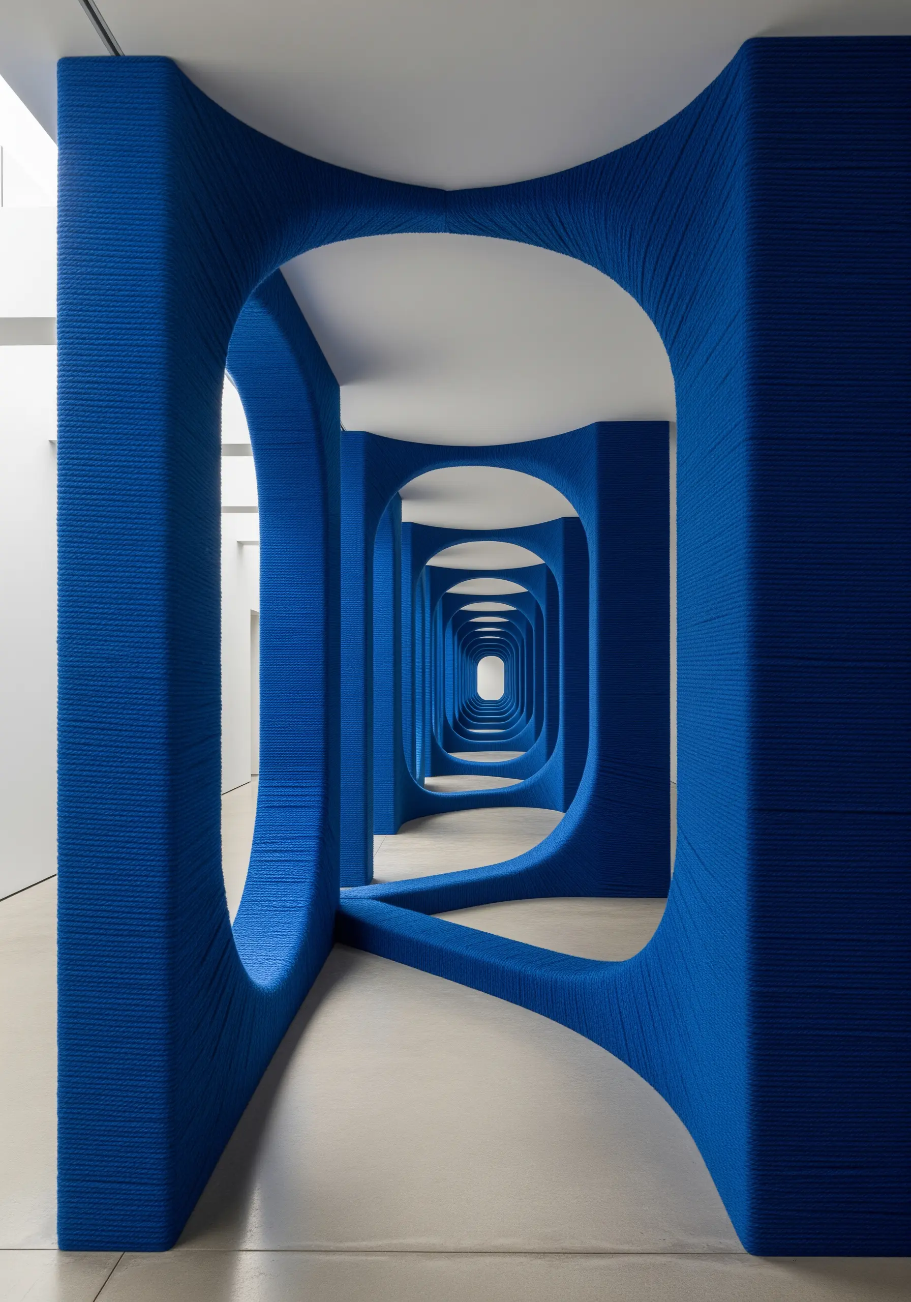 A large, curving architectural installation made of arches entirely wrapped in blue yarn.