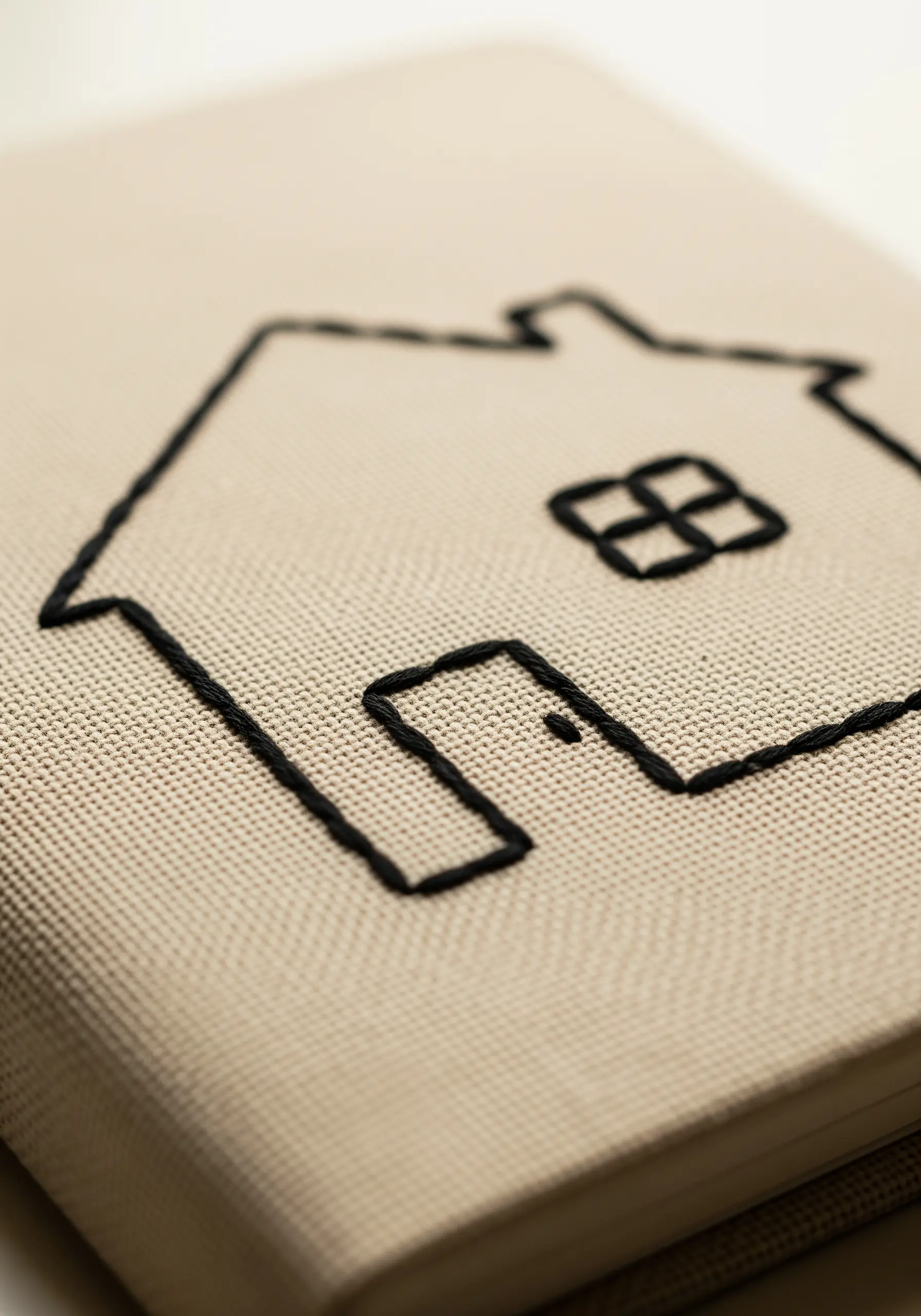 A minimalist house outline embroidered in black thread on a beige notebook cover.