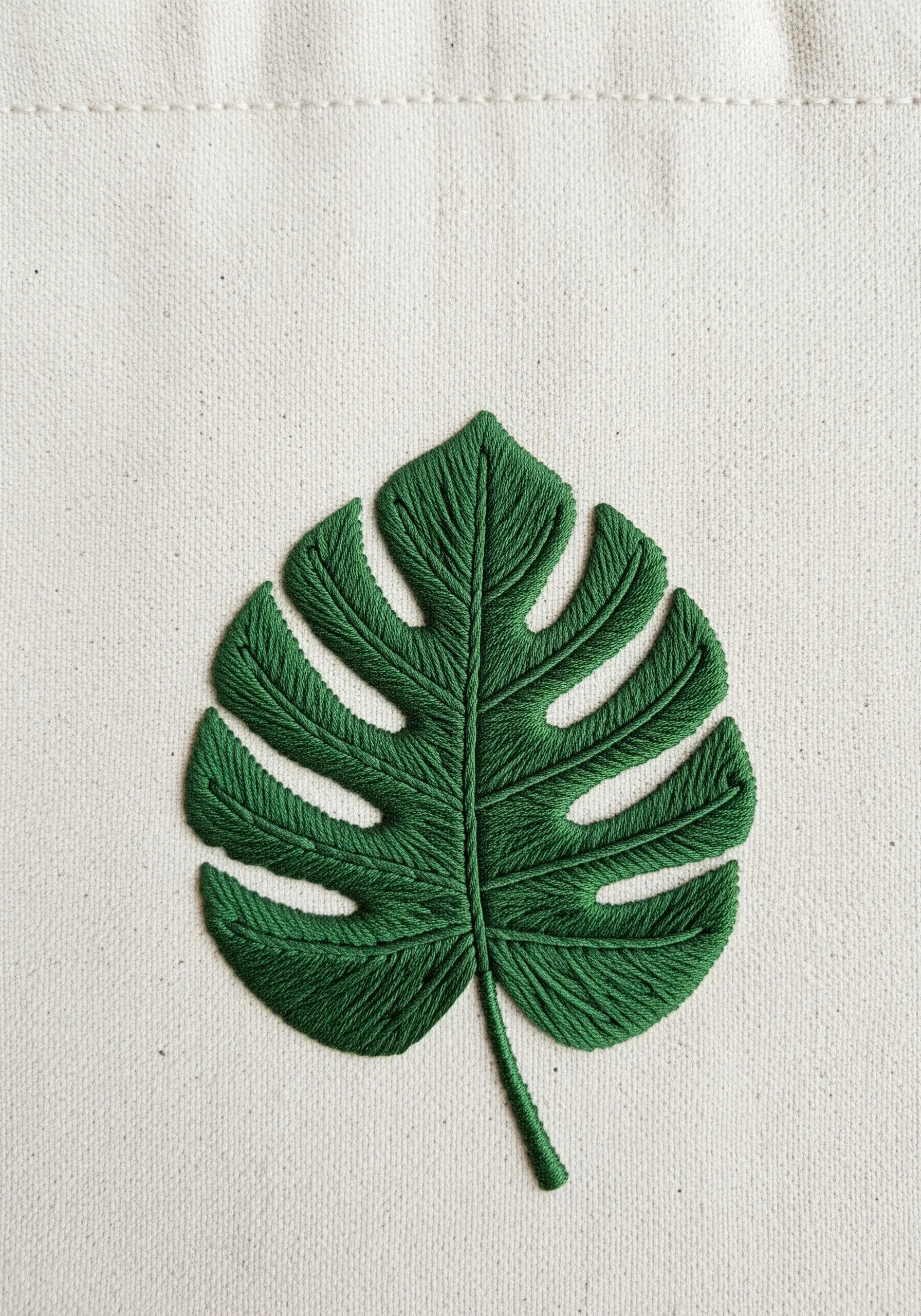 A deeply green, satin-stitched Monstera leaf embroidered on a canvas tote bag.