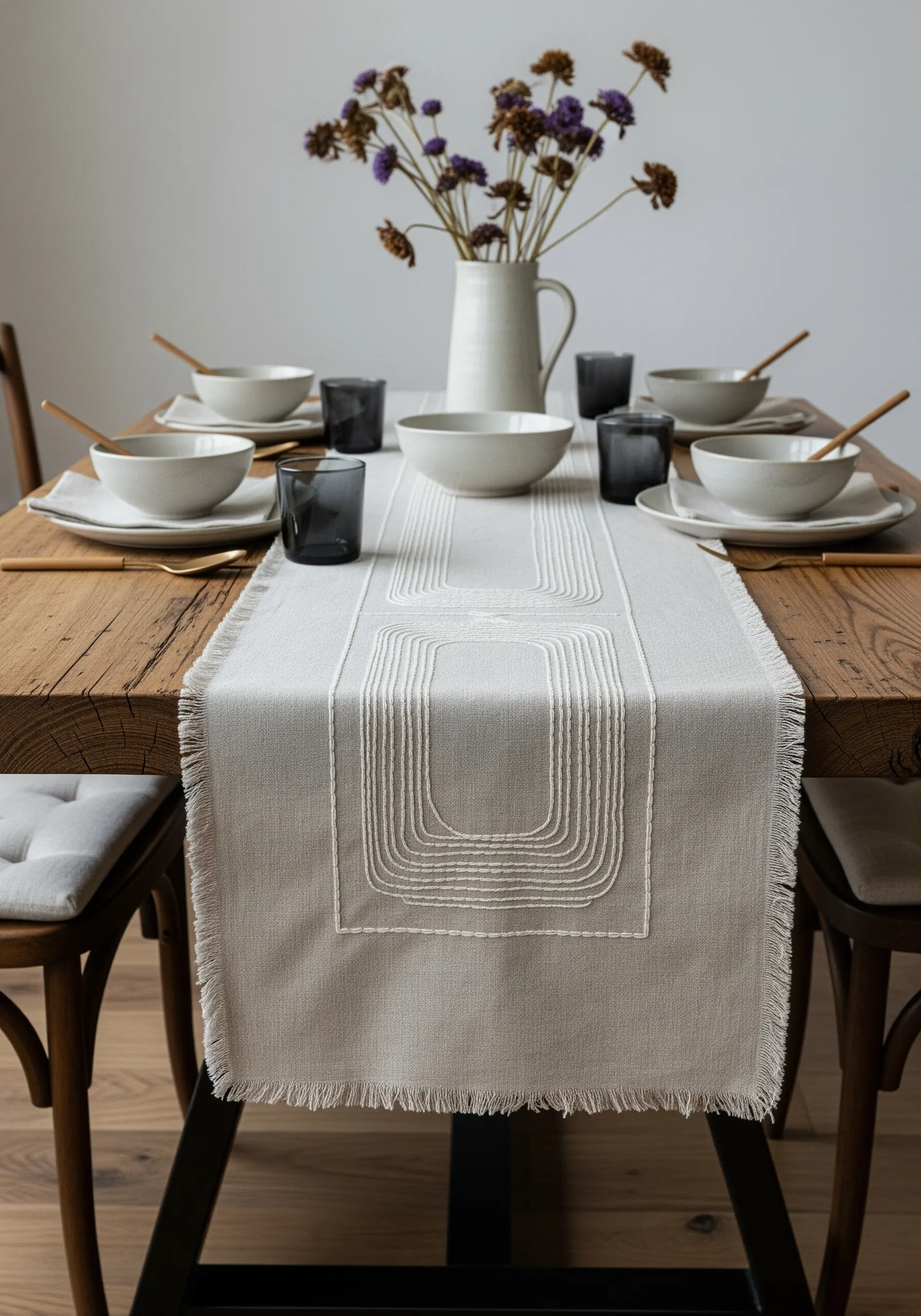 Linen table runner with a large geometric motif made of concentric satin stitch rectangles.