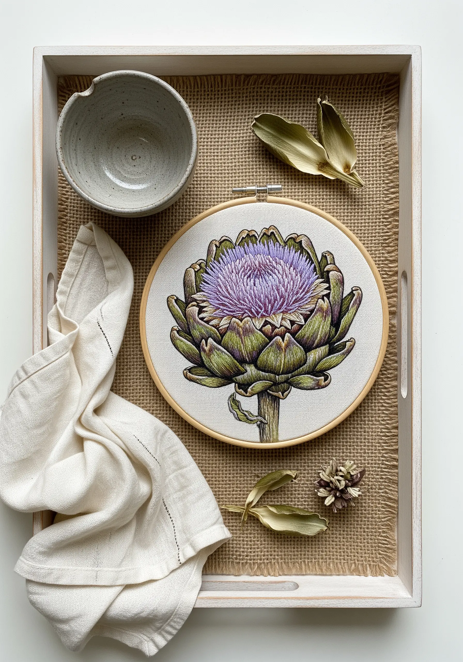 Illustrative embroidery of an artichoke using fine line work and hatching