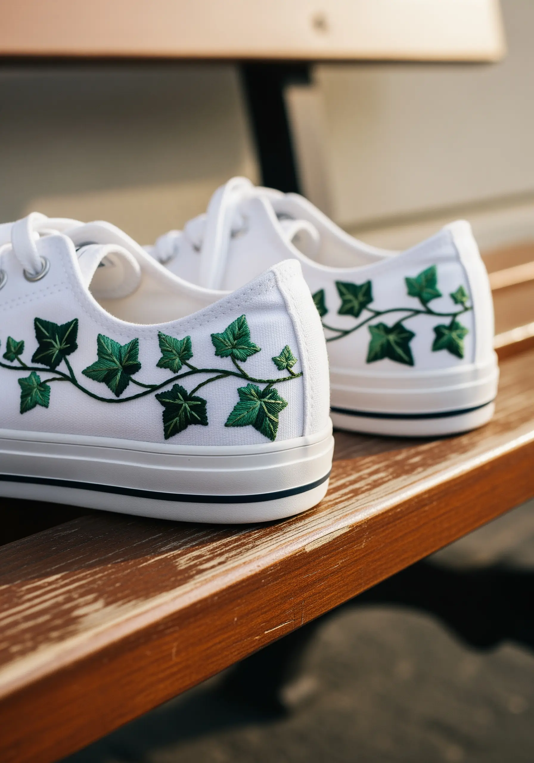 Ivy vines with detailed satin stitch leaves embroidered on the side of white canvas sneakers.