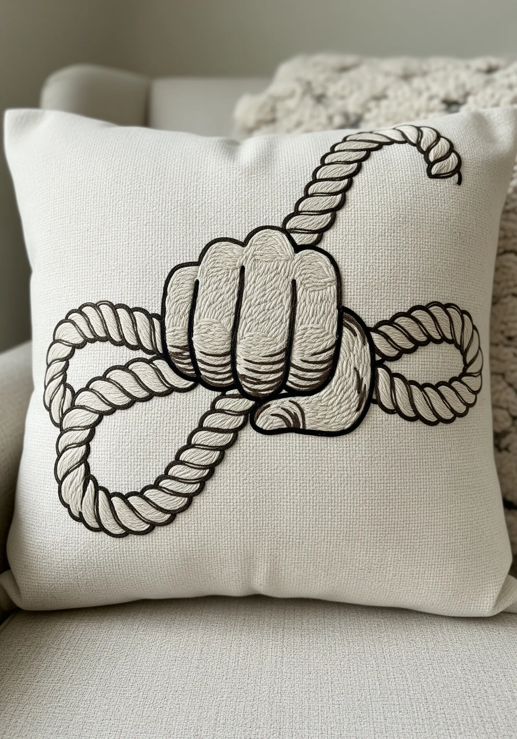 An embroidered fist clenching a thick, twisted nautical rope on a white pillow