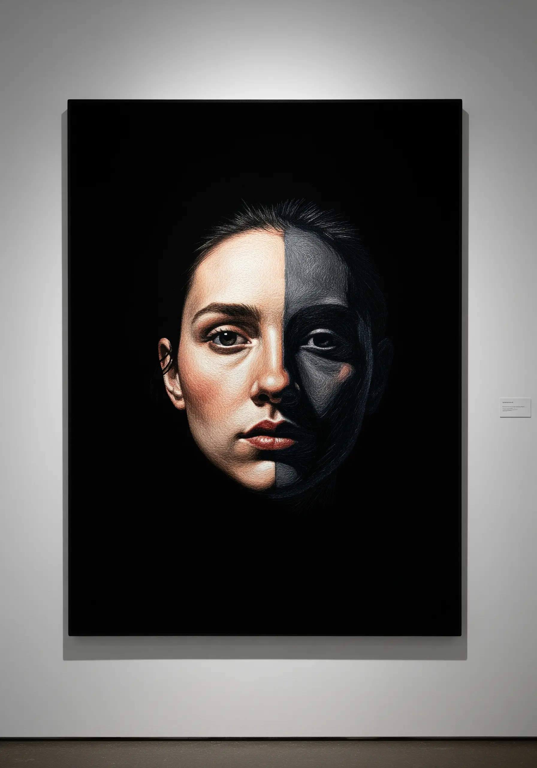 Embroidered portrait of a woman's face, half in shadow, on a black background.