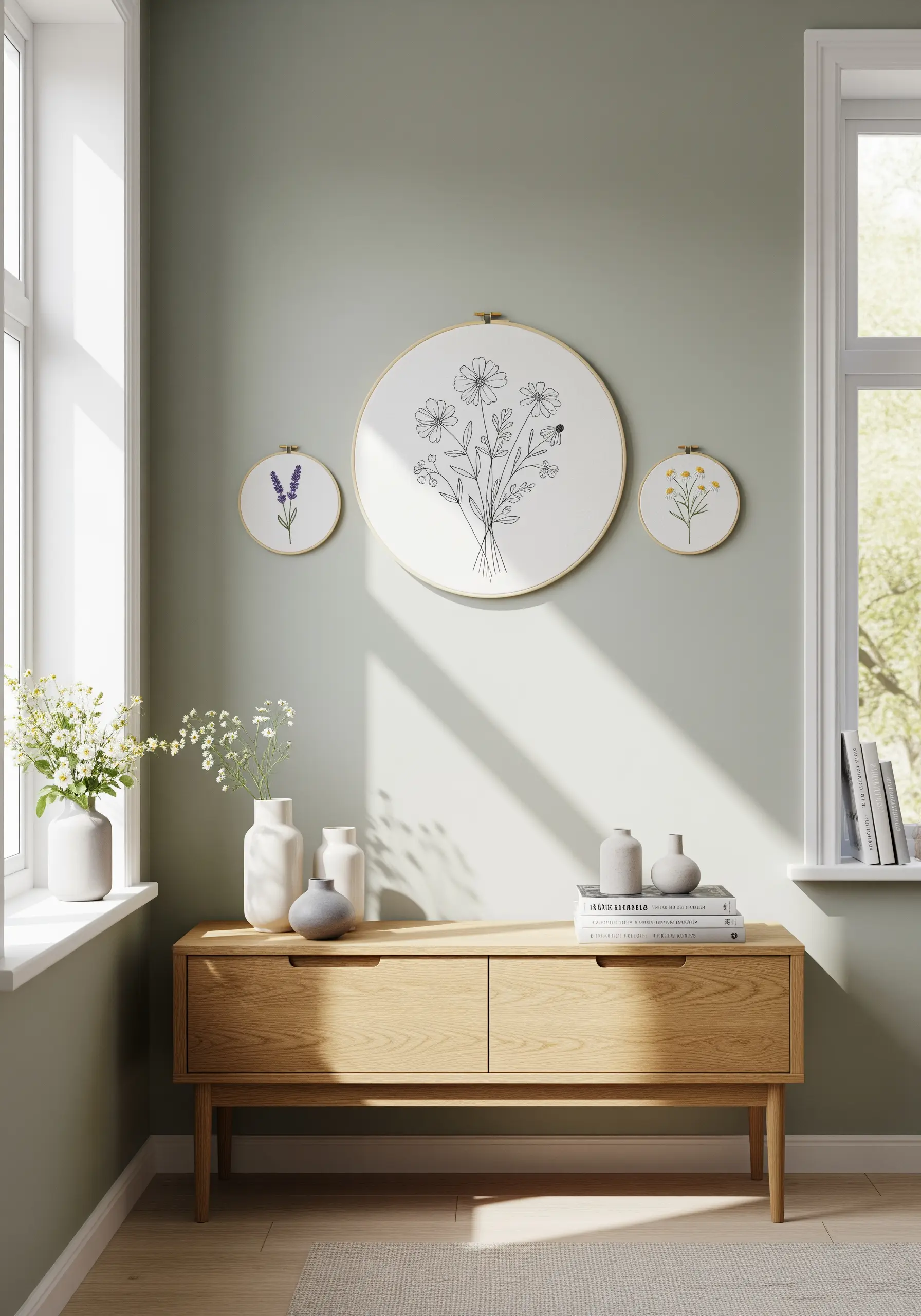 Minimalist black line art embroidery of a wildflower bouquet in a large hoop.
