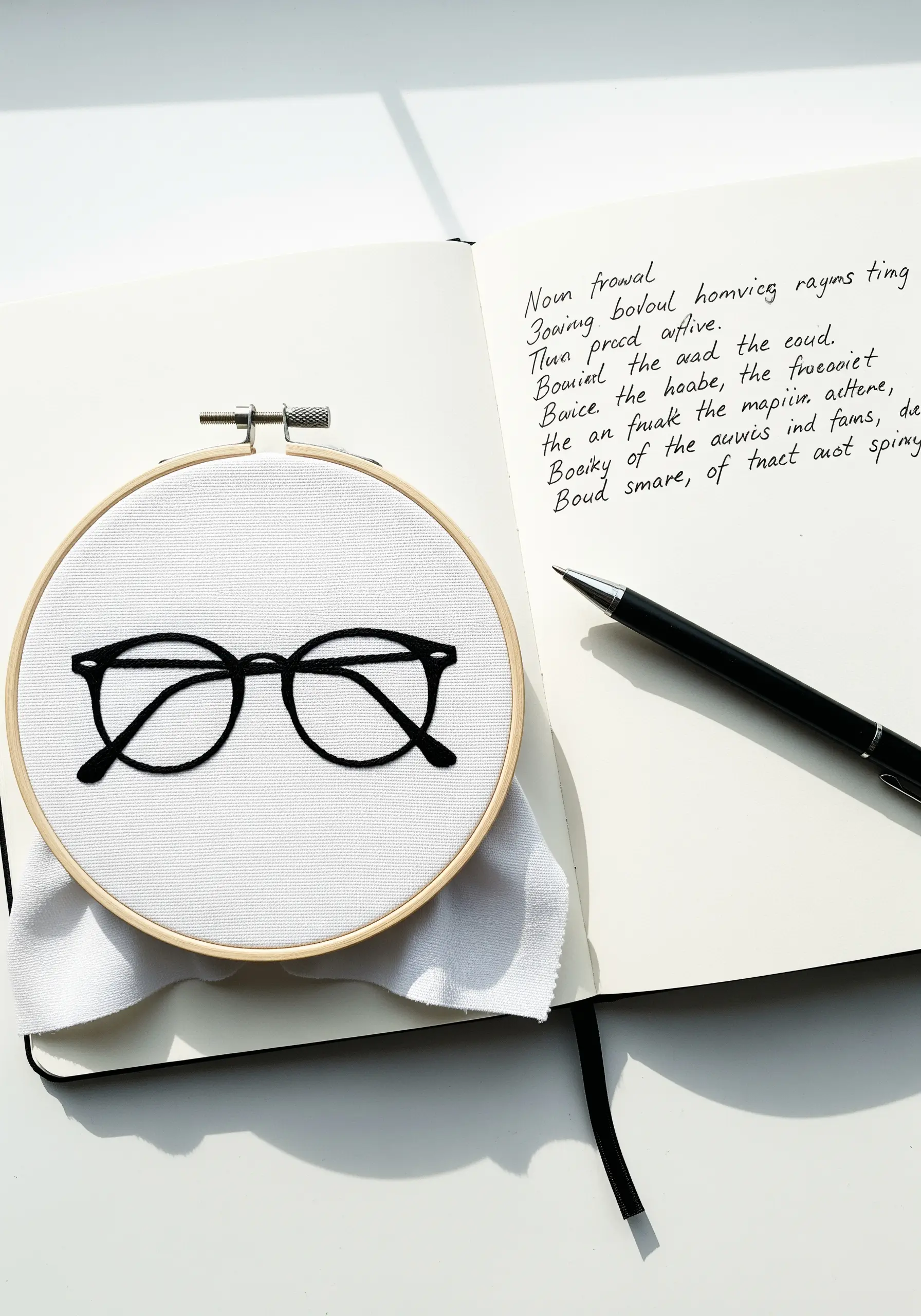 A pair of black-rimmed glasses embroidered in a simple line art style.