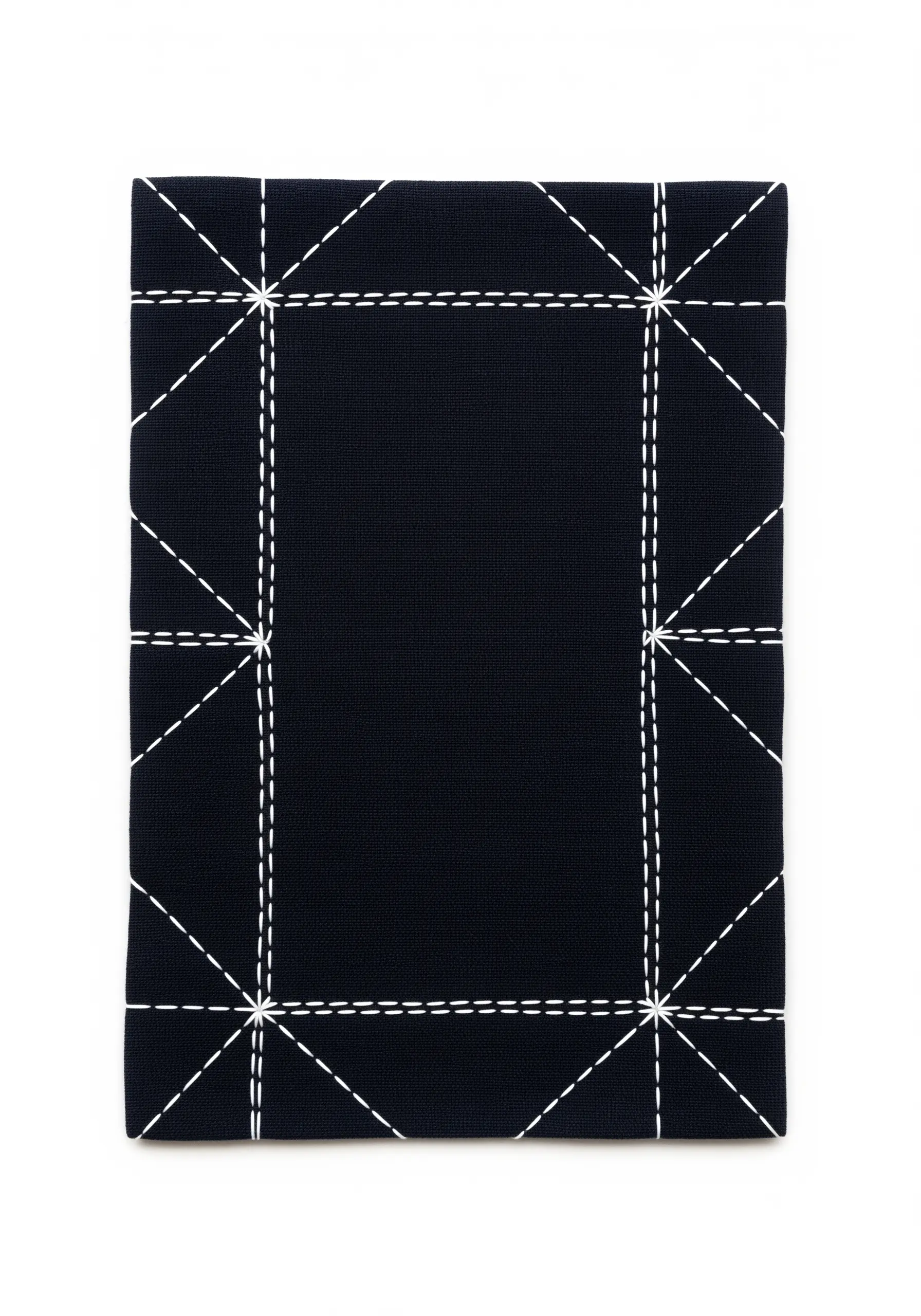 Minimalist geometric pattern in white running stitch on black fabric.