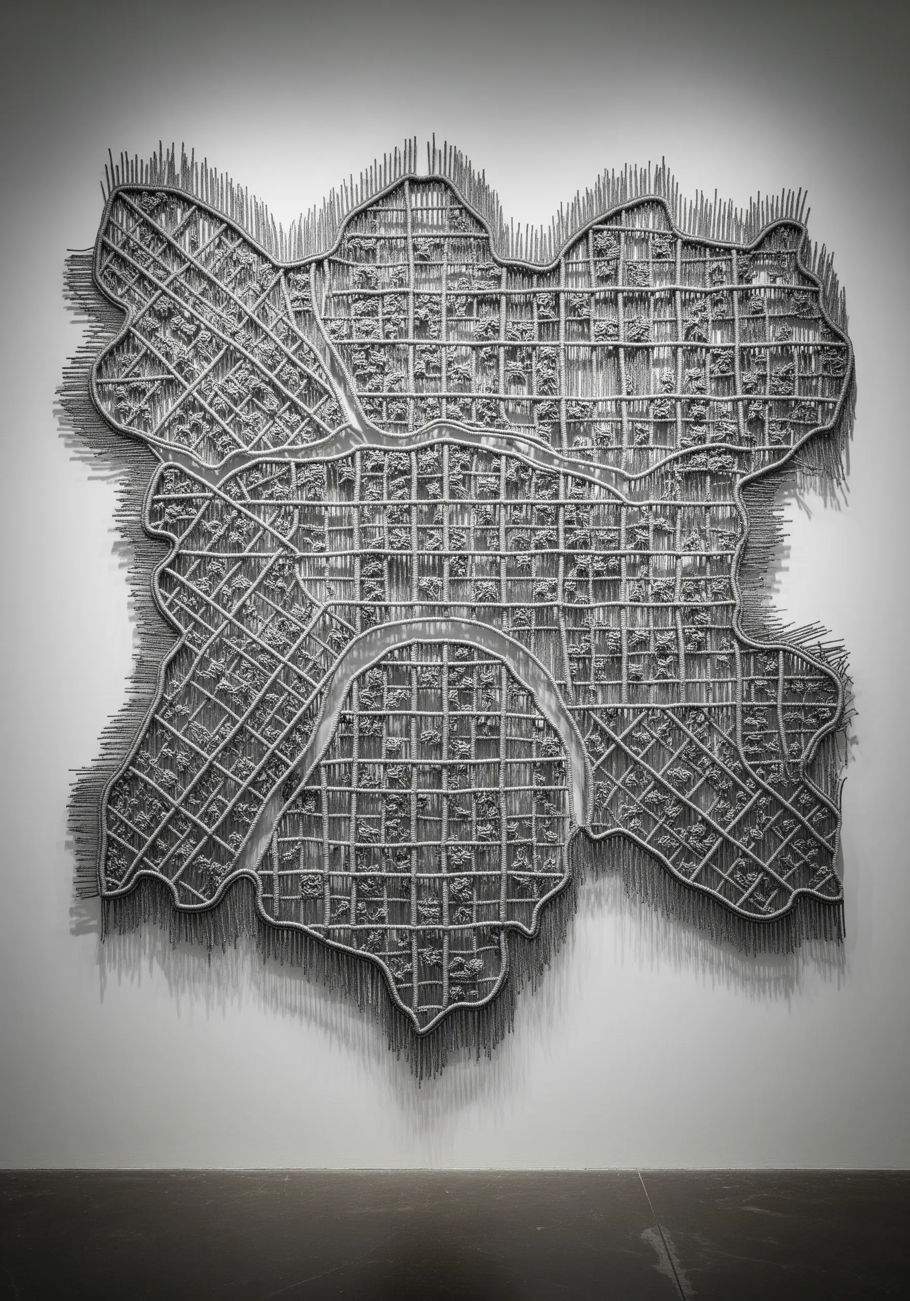 A large, monochromatic wall installation of a city map made from wrapped and woven thread.