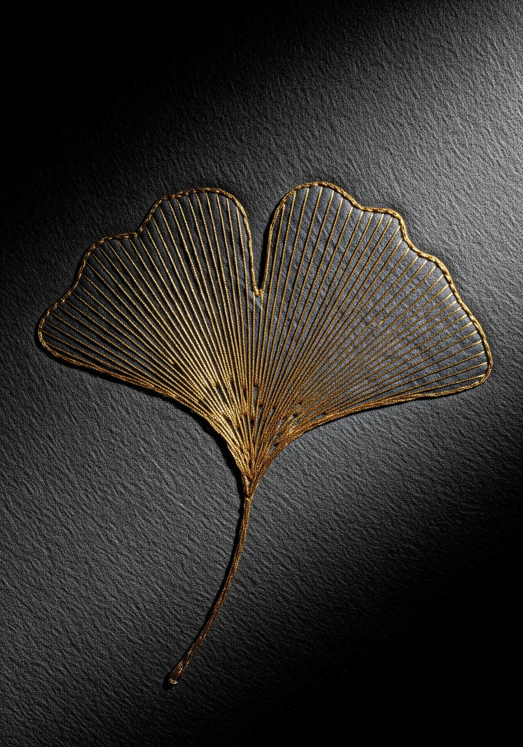 Gold metallic thread forming a ginkgo leaf with radiating straight stitches.